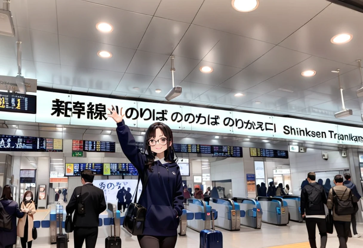 masterpiece, best quality, very aesthetic, absurdres,
1girl, solo, glasses, black hair, long hair, hoodie, pants, rolling suitcase, smile, looking at viewer, solo focus, waving,
shinosaka, norikaeguchi, ticket gate, 6+boys, multiple boys, train station, indoors, ceiling light, bag, ceiling, photo background
<lora:shinosakaeki_norikaeguchi_SDXL_V1:1>