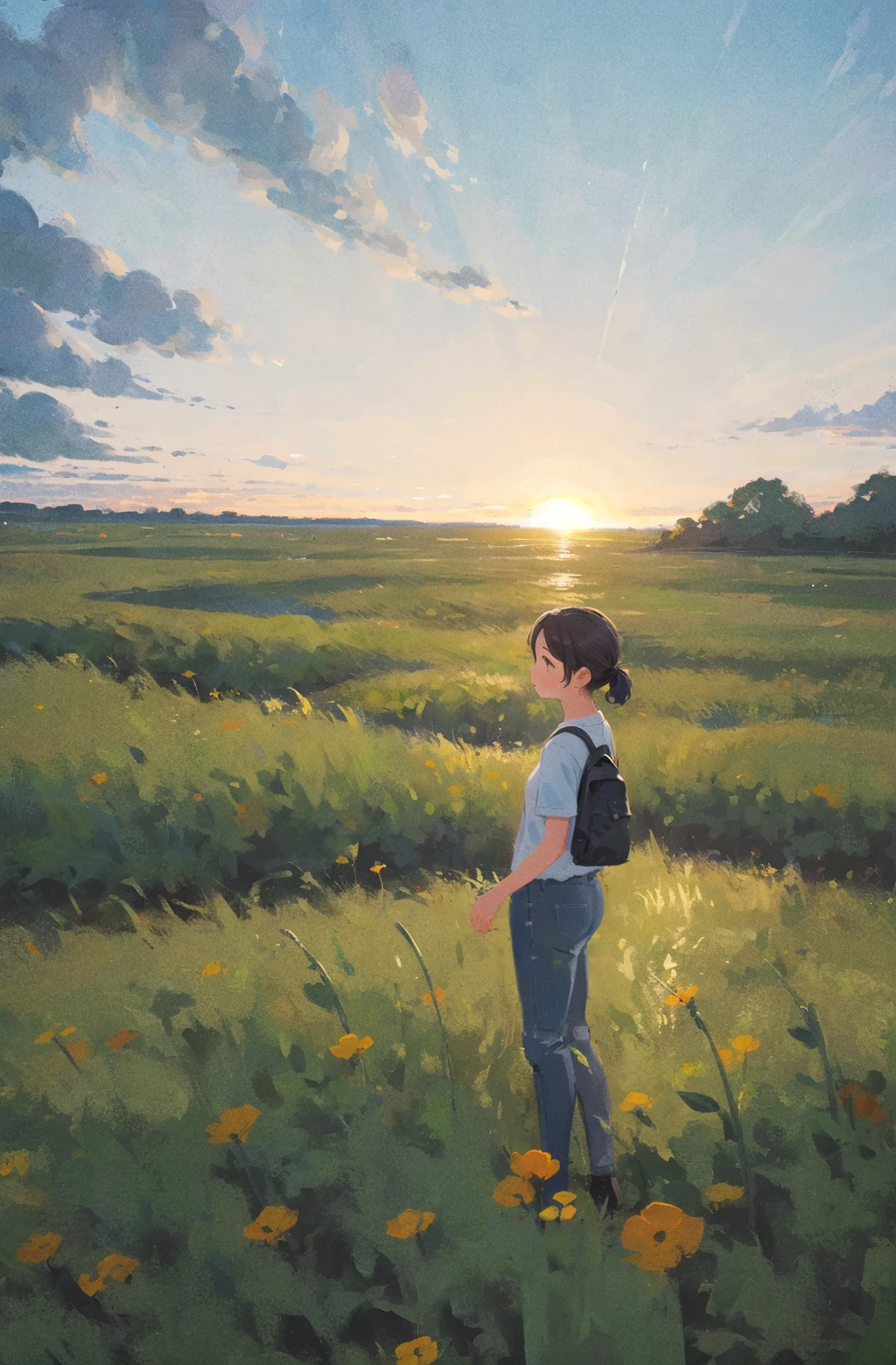 , a , meadow, daytime, sunset, colorful, vast meadow, distant view,tree,flower, open sky, clouds, wide view ,<lora:feelperson:0.7>, (illustration:1.0), masterpiece, best quality,