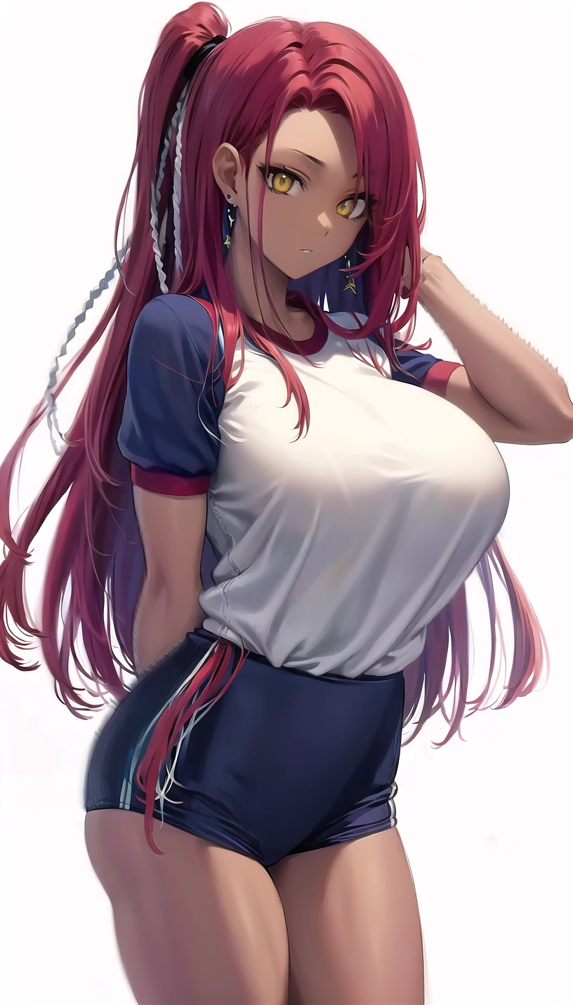 side ponytail, red hair, yellow eyes,dark-skinned female,
hair ribbon, earrings,
(gym uniform:1.28),
lady,mature female, cowboy shot,
(white background,simple background:1.18),
highres,official art,original,masterpiece,best quality,
(huge breasts:0.8),
<lora:æ³è¦æä¸ºå½±ä¹å®åè
-妮å¨:0.8>