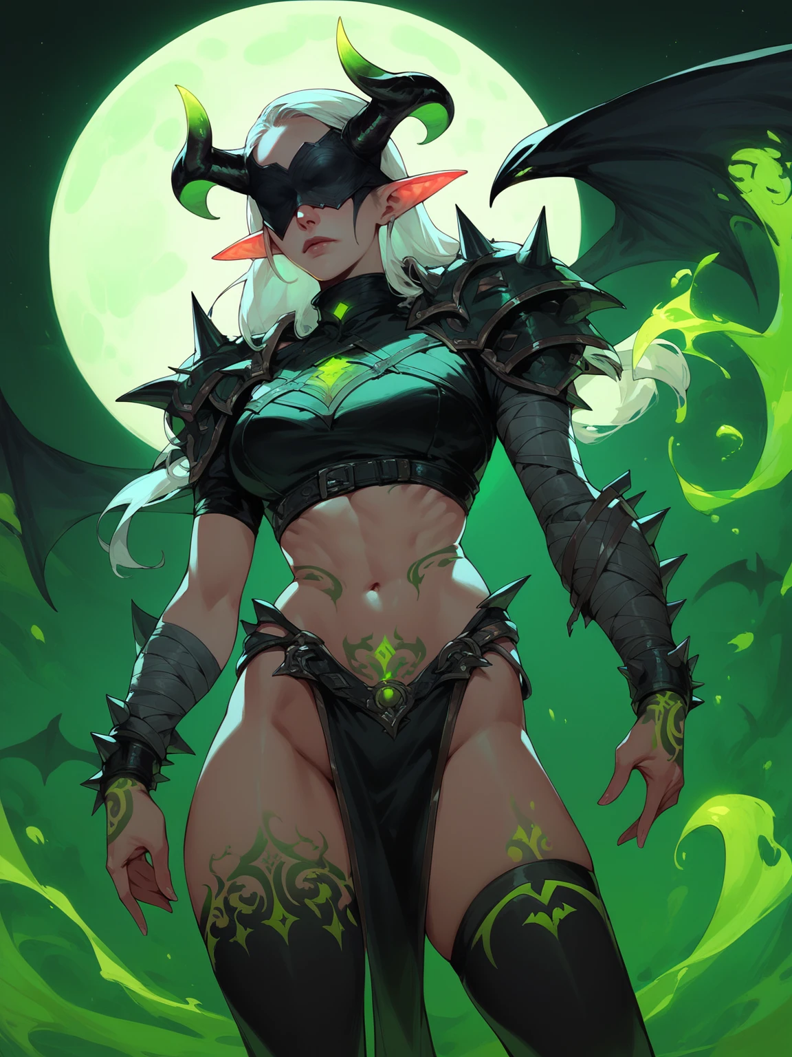 monster girl, goblin female, shortstack, wide hips, pointy ears, full body, standing, revealing clothes, green skin,, twintails hairstyle