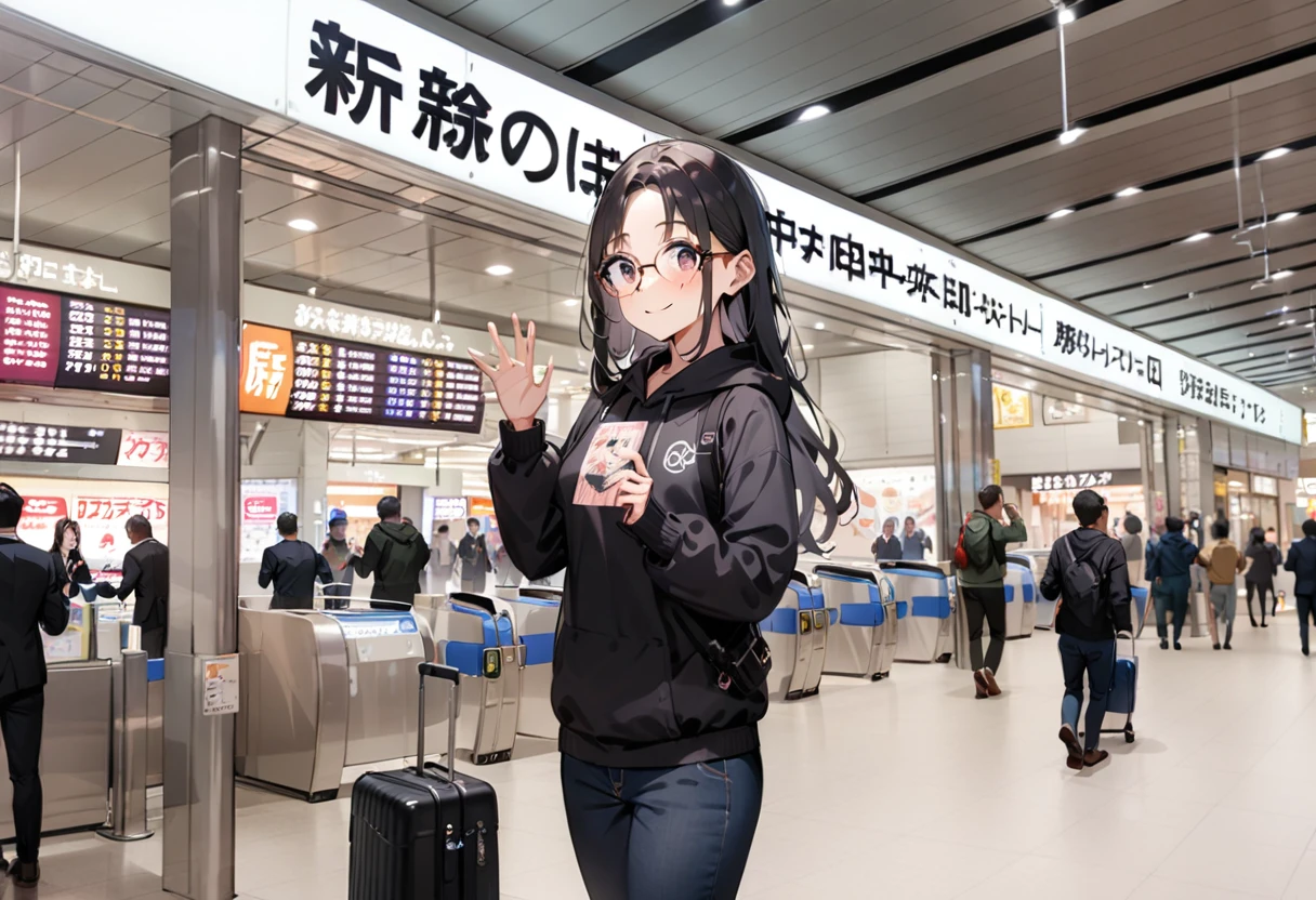 masterpiece, best quality, very aesthetic, absurdres,
1girl, solo, glasses, black hair, long hair, hoodie, pants, rolling suitcase, smile, looking at viewer, solo focus, waving,
shinosaka, chuoguchi, ticket gate, multiple boys, 6+boys, scenery, shop, indoors
<lora:shinosakaeki_chuoguchi_SDXL_V1:0.8>