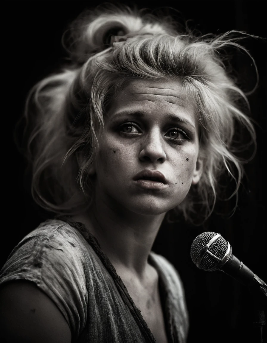 A dramatic portrait by Lee Jeffries; showing a young jazz singer looking like selahxl2, belting out a soulful tune onstage at a dimly-lit jazz club, featuring weathered skin, deep soul-searching eyes, and a passionate expression, immersed in the raw emotion of the music.