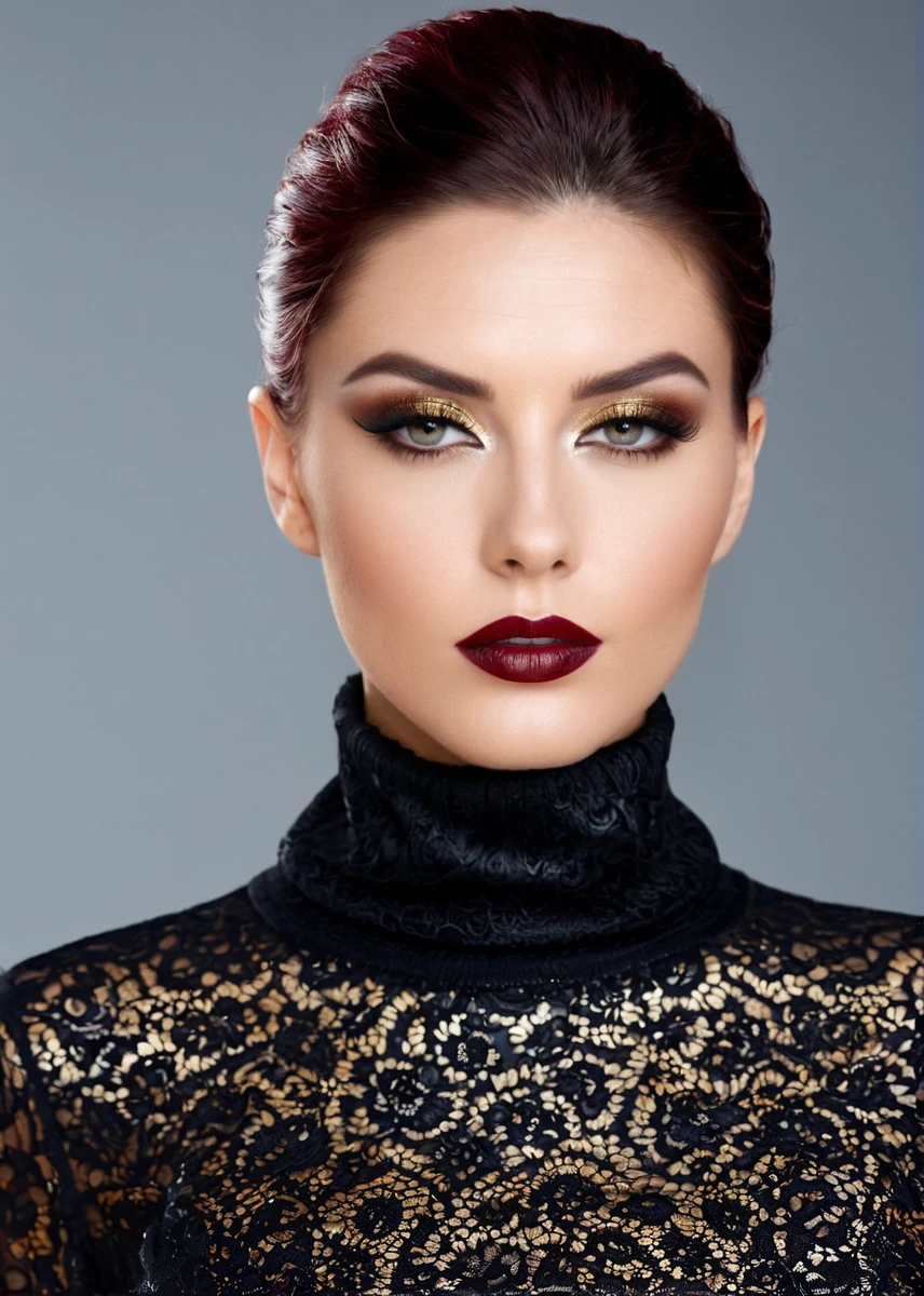 fashion editorial style, (((full body))) of A captivating masterpiece of an woman, (((dressed in a turtleneck Blouse))), The intricate lace and gold details exude a very rebellious aura. ((A bold and daring makeup look featuring ombre lips that transition from a deep, dark red at the center to a glossy black at the outer edges. The lips are expertly lined and filled in with precision, creating a gradient effect that is both edgy and sophisticated)). ((The use of high-shine gloss adds a touch of glamour and dimension to the look)), ((while the deep red and black hues give it a dramatic, vampy vibe)), low-key photography:1.3, one rim side light, narrow lighting, only one light source, facing camera, shallow depth of field, high fashion, trendy, stylish, editorial, magazine style, professional, highly detailed, 8K, <lora:MS_SaraStone_V1_SDXL:0.8>