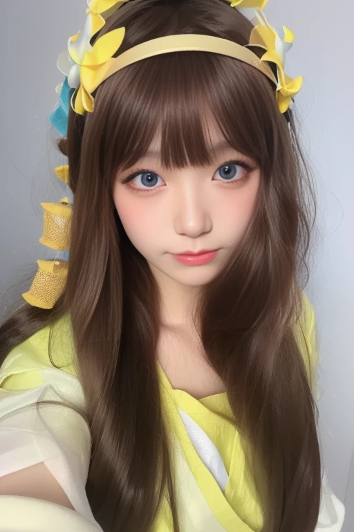 ltra-detailed,highly detailed,best quality,masterpiece,illustration,realistic,photorealistic,
ruru, 1girl, solo, cosplay,
yellow dress, long sleeves, dress, bow, white bow, yellow shirt, ribbon,
brown hair, long hair, hair ornament, bangs, hair flower, hairband, blunt bangs, hair bow, yellow hairband, hair ribbon,
blue eyes,
looking at viewer, upper body,
flower, grey background, simple background,
<lora:ruru_v2_05:1.0>