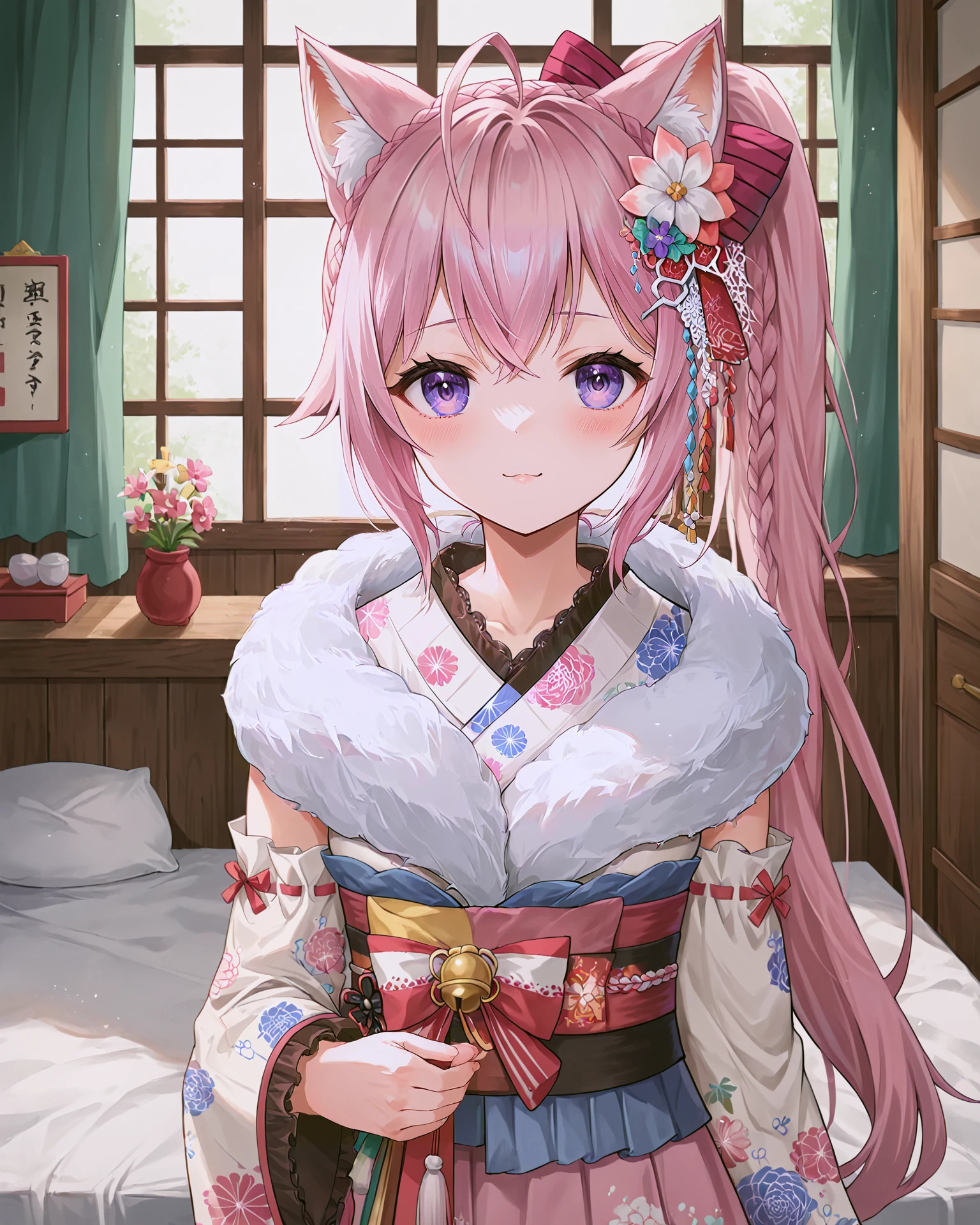 <lora:HOLOLIVE_Hakui_Koyori_XL:0.7> hakui koyori, purple eyes, pink hair, bangs, crossed bangs, hair between eyes, ahoge, braid, hair ornament, animal ears, animal ear fluff, tail, long hair, crown braid, ponytail, side ponytail, flower, hair flower, bow, fur collar, fur scarf, kimono, pink kimono, frilled kimono, japanese clothes, floral print, sash, obi, long sleeves, wide sleeves, frilled sleeves, upper body,, <lora:9_Detail_Tweaker_XL:0.8>, score_9, score_8_up, score_7_up, source_anime, masterpiece, best quality, highly detailed background, cinematic lighting, detailed eyes, perfect face,, lazy, teenager room, messy, bedroom, bed sheet, closet,