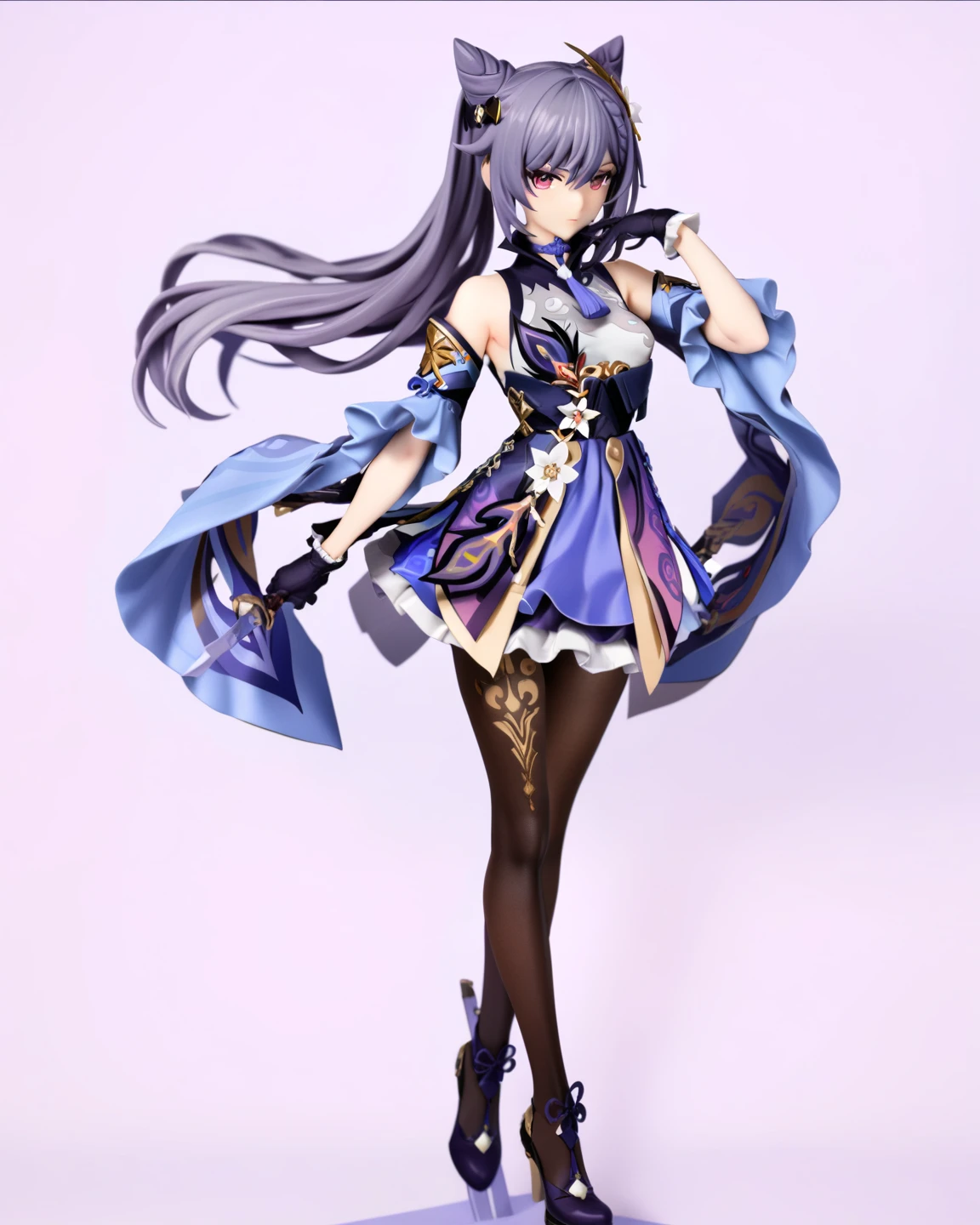PVC,3D,keqing \(genshin impact\), 1girl, solo, gloves, purple hair, pantyhose, hair bun, sword, long hair, full body, weapon, twintails, purple eyes, holding weapon, holding sword, holding, detached sleeves, cone hair bun, looking at viewer, dress, hair ornament, black pantyhose, breasts, standing, bare shoulders, simple background,, masterpiece, best quality