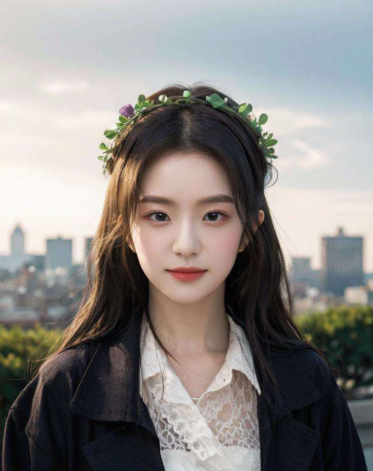 irene, 1girl, solo, upper body, (looking at viewer:1.4), (schoolgirl jacket), (flower crown), (beautiful city, beautiful sky background), natural skin color, (closed mouth:1.2), (medium breast), floating hair, beautiful expression, face detailed, eyes detailed, iris detailed, masterpiece, best quality, photorealistic, hyper realistic, ultra detailed, perfect lighting, depth of field, shadows, highres, <lora:sayhello0o-v1-rvirene:1>