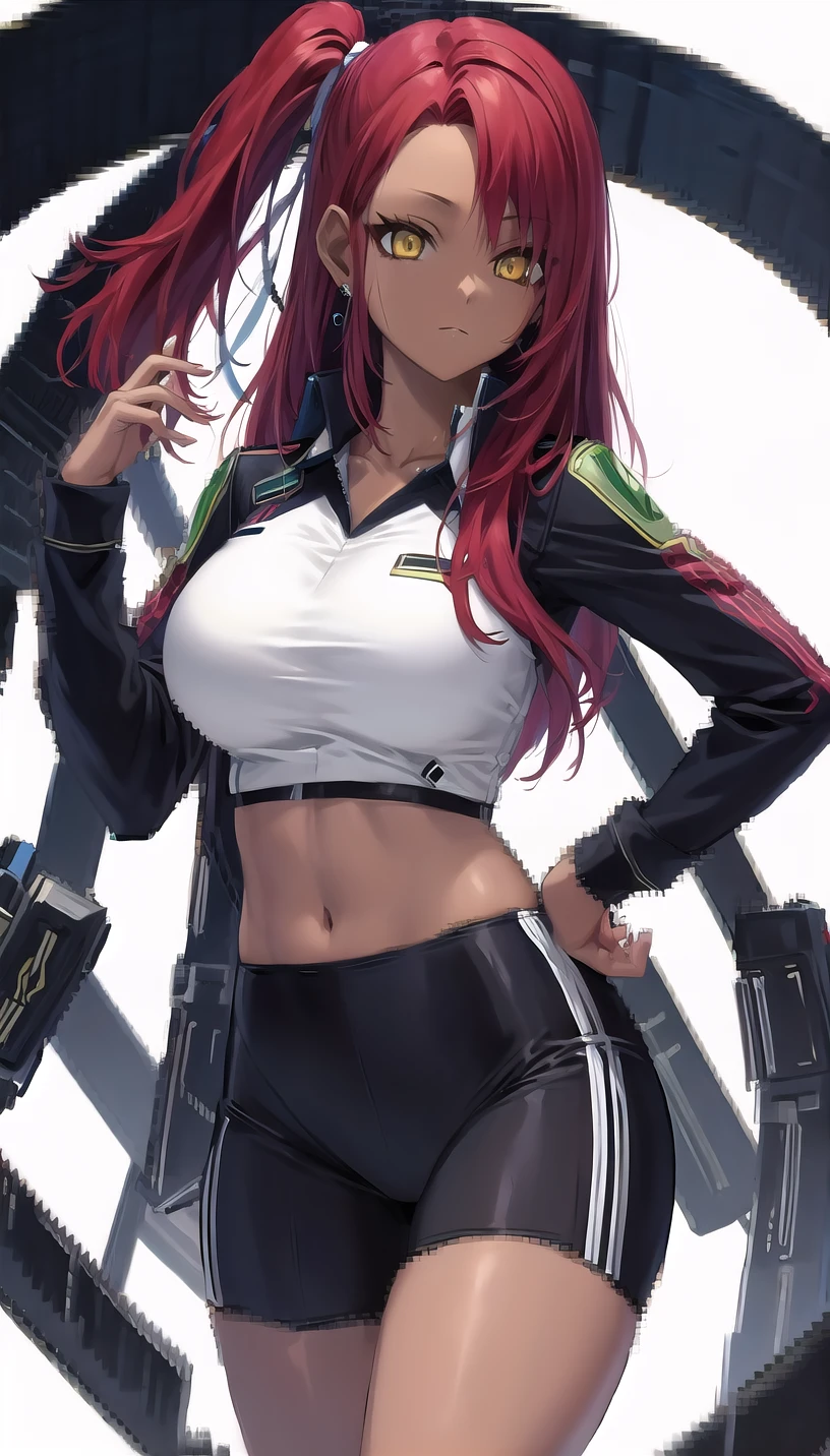 side ponytail, red hair, yellow eyes,dark-skinned female,
hair ribbon, earrings,
(compression shirt:1.28),
lady,mature female, cowboy shot,
(white background,simple background:1.18),
highres,official art,original,masterpiece,best quality,
(huge breasts:0.8),
<lora:æ³è¦æä¸ºå½±ä¹å®åè-å¦®å¨:0.8>