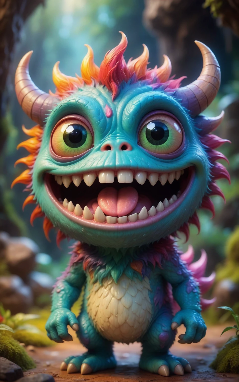 (best quality,8K,highres,masterpiece), ultra-detailed, capturing the whimsical essence of a cute, tiny monster with a distinctly creepy smile. This creature, while small in stature, boasts an array of vibrant colors and textures, making it stand out with its unique charm. Despite its eerie grin, there's an undeniable allure to its appearance, blending elements of the adorable with the slightly unsettling. The monster's eyes sparkle with mischief, suggesting a playful nature behind its unnerving smile. Its skin is highly textured, showcasing an array of soft, pastel shades that contrast with the darker, more mysterious tones of its grin. The background is deliberately blurred, focusing attention on the creature's expressive face and the intricate details that define its character. This portrayal combines the innocent with the eerie, inviting viewers into a world where even the smallest monsters carry a mix of cuteness and mystery.