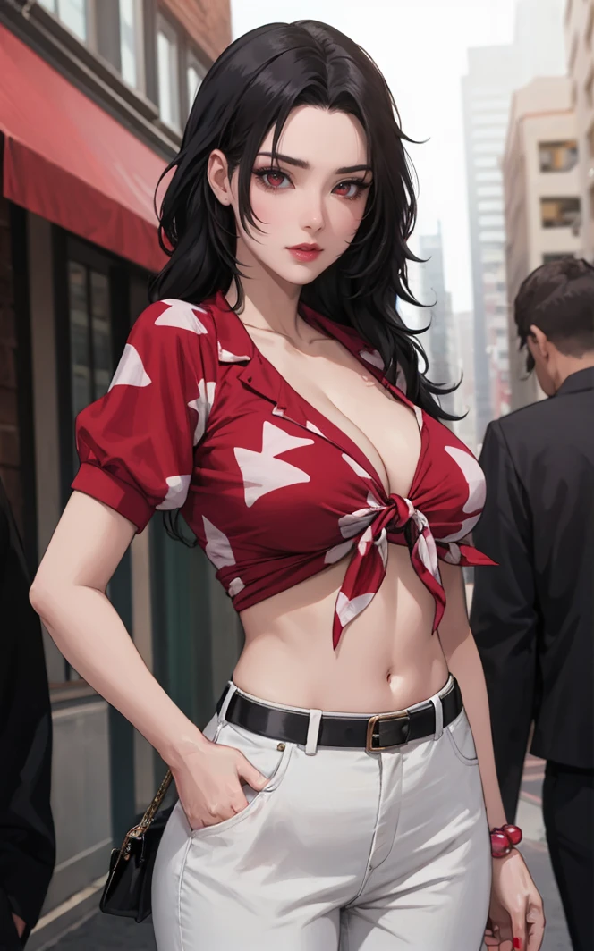 outdoors, lens flare, depth of field, bokeh, vanishing point, solo, looking at viewer,((masterpiece, best quality)), BREAK 
TiedShirt_KurenaiYuhi_ownwaifu, 
1girl, black hair, long hair, lipstick, makeup, red eyes, red lips, large breasts, nail polish, 
midriff, bead bracelet, cleavage, collarbone, crop top, front-tie top, jewelry, navel, red shirt, short sleeves, tied shirt, white pants, belt, puffy sleeves,
(contrapposto, looking back)<lora:NARUTO_Kunoichi_KurenaiYuhi_ownwaifu:0.7>,
 insaneres, absurdres,