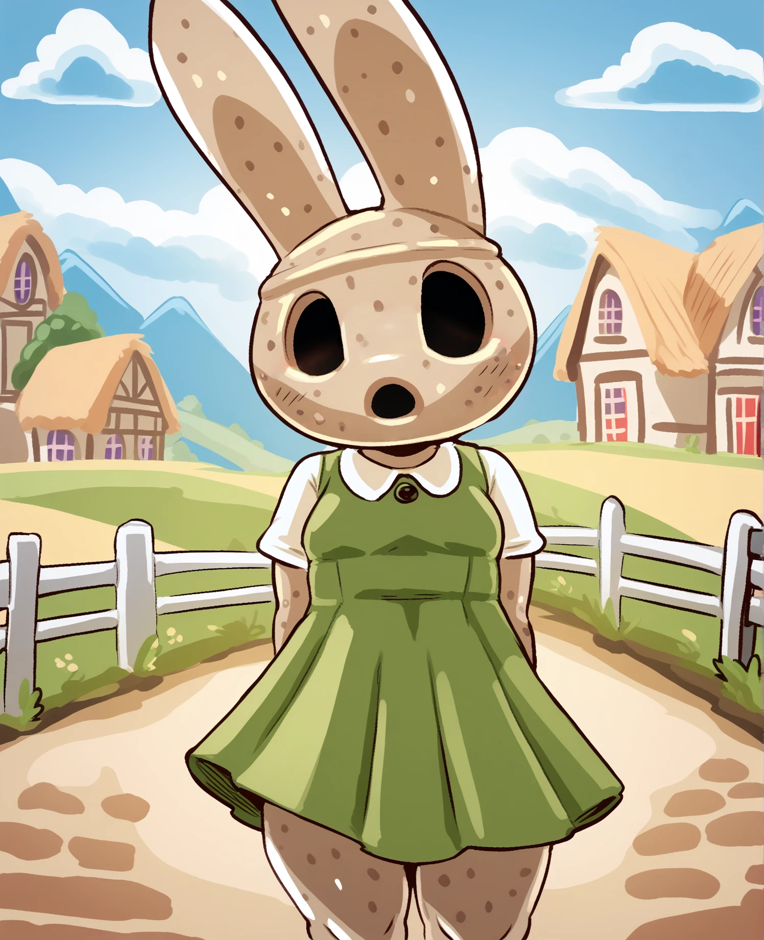 score_9, score_8_up, score_7_up, score_6_up, score_5_up, score_4_up, source_furry, owh, pbi, coco \(animal crossing\), animate inanimate, gyroid, lagomorph, leporid, mammal, rabbit, anthro, biped, black eyes, clothed, clothing, empty eyes, female, noseless, open mouth, green clothing, dress, solo, standing, topwear, detailed background, outside, field, village, island, looking at viewer, shy, simple eyes, simple face,
<lora:coco_pdxl:1>