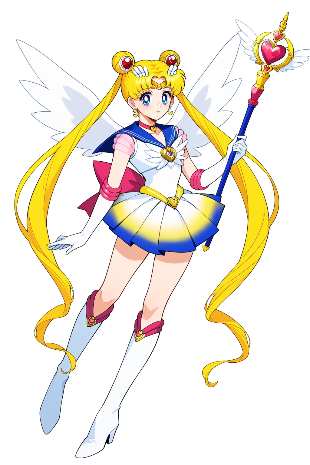 Alternative Sailor Moon, 1girl, blonde hair, blue eyes, blue sailor collar, boots, brooch, choker, closed mouth, crescent, crescent earrings, crescent facial mark, double bun, earrings, elbow gloves, facial mark, forehead mark, gloves, hair bun, hair ornament, heart brooch, heart choker, holding, holding staff, holding wand, jewelry, knee boots, layered skirt, long hair, looking at viewer, magical girl, miniskirt, multicolored clothes, multicolored skirt, parted bangs, sailor collar, sailor senshi uniform, skirt, solo, staff, twintails, very long hair, white footwear, white gloves, white wings, wings, specular highlights, PonyXLV6_Scores, <lora:AltMoonPonyXL:1>