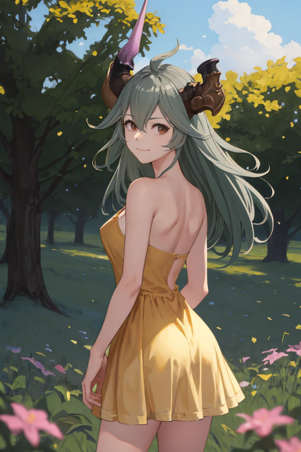 (masterpiece, best quality:1.2), solo, 1girl, threo, slight smile, looking back, ahoge, yellow sundress, bare shoulders, outdoors, flower field <lora:gbf_threo-11:0.8> <lora:YellowSundress-45:1>