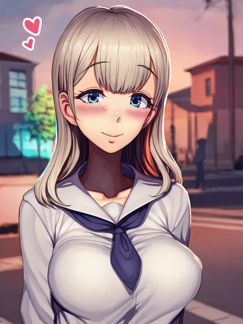 score_9, score_8_up, score_7_up,Motsuaki,Beauty, a white girl,highly detailed, intricate texture, cinematic lighting, vibrant colors, realistic,big breasts,masterpiece,blue eyes,best quality, 8k, detailed skin texture, beautiful detailed face, intricate details, ultra detailed, cinematic light, ultra high res, 8k uhd, delicate,thin,shirt,cleavage, young woman,laughting,sexy, Gorgeous princess,natural breasts, perfect anatomy,(heart shape tatoo on face:1.2), curvy, sexy, (full body:1.1), shapely body,looking at viewer,legs,cute, <lora:Motsuaki_XL_Pony:1.0>,school uniform,on the street,upper body