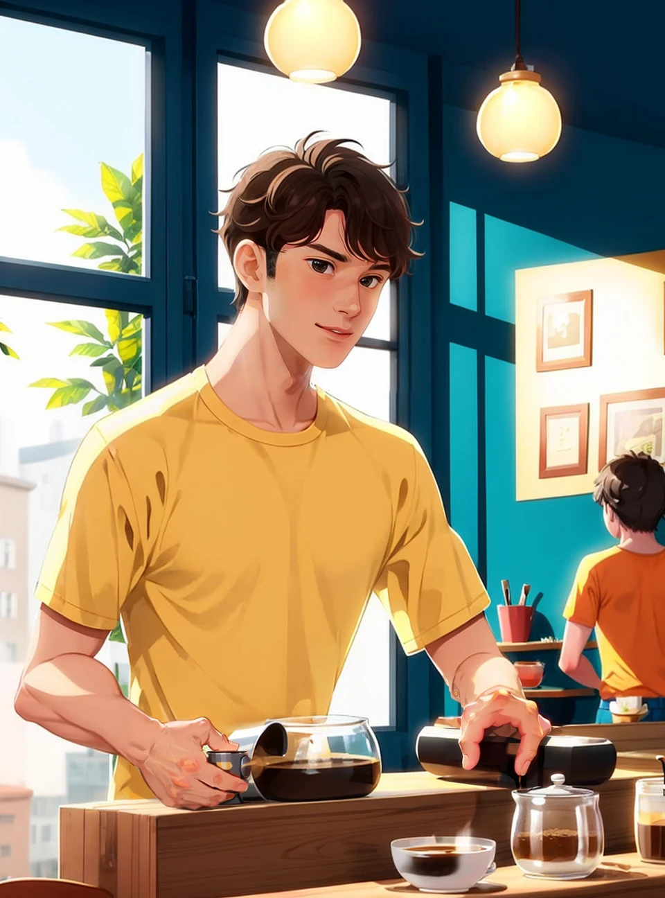 1 man A clerk with yellow shirt in a coffee shop is making coffee, <lora:Euro American animationa:0.7>