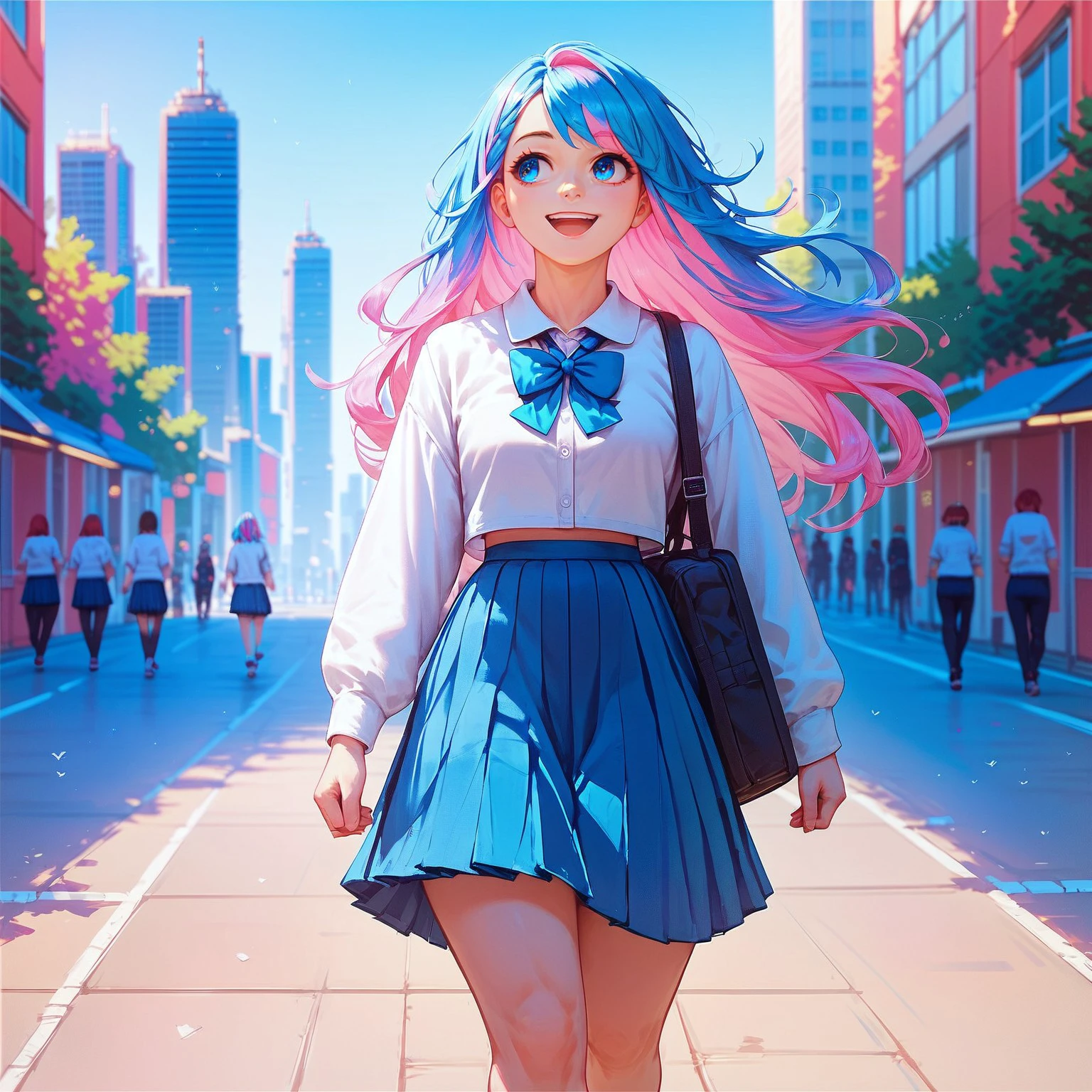 score_9, score_8_up, score_7_up, 1girl, Sofiaa, 1girl, multicolored hair, long hair, blue eyes, outdoors, city, walking, school uniform, tighthighs, happy, skirt, <lora:Sofiaa (1):0.9>
