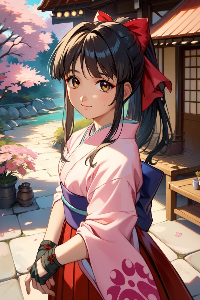 score_9, score_8_up, score_7_up, very aesthetic, source_anime, detailed, high quality, beautiful, masterpiece, detailed eyes,
japanese village, japanese house, sakura tree,
<lora:lightXL:0.8>
dynamic angle, cowboy shot, upper body,
light smile, from above, looking up, looking at viewer,
<lora:sakuraS_autismConfetti_v01:0.95>
sakurabase, black hair, hair ribbon, red bow, brown hair, sidelocks, bangs, ponytail
japanese clothes, red hakama, pink kimono, meiji schoolgirl uniform, purple sash, fingerless gloves, green obijime,, zPDXL