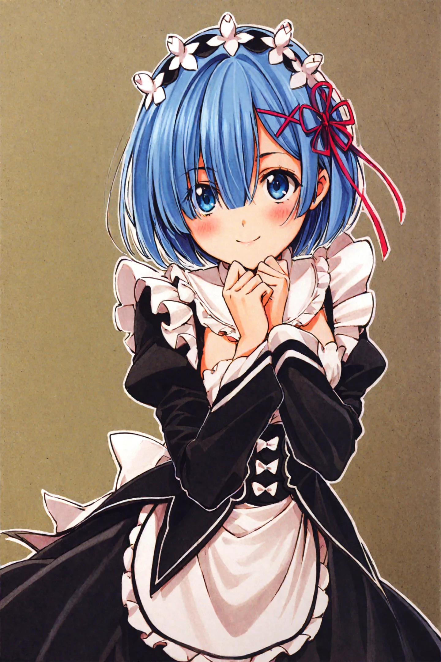1girl,solo,rem (re:zero),blue hair,x hair ornament,short hair,hair ornament,blue eyes,maid,looking at viewer,ribbon,maid headdress,long sleeves,dress,roswaal mansion maid uniform,smile,hair ribbon,breasts,puffy sleeves,frills,apron,bangs,closed mouth,black ribbon,pink ribbon,blush,medium breasts,black dress,juliet sleeves,cowboy shot,flower,hair between eyes,red ribbon,waist apron,traditional media,<lora:Yuki Kaori_XL:0.8>,