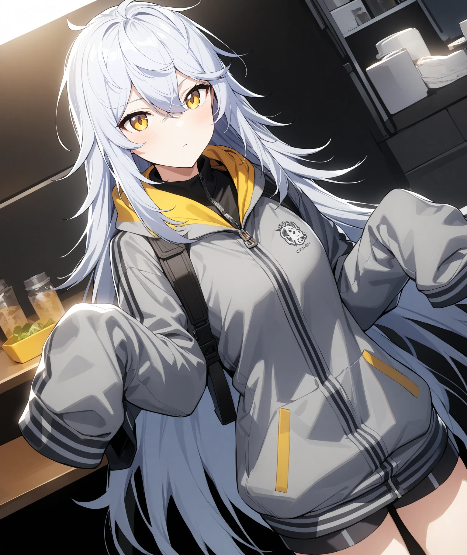 1girl, gaeun \(counter:side\), counter:side,
solo, cinematic angle,
yellow eyes, white hair, very long hair, messy hair, hair between eyes,
sportswear, sleeves past wrists, sleeves past fingers, jacket,
masterpiece, best quality, very aesthetic, absurdres,
<lora:gaeun_SDXL:0.8>