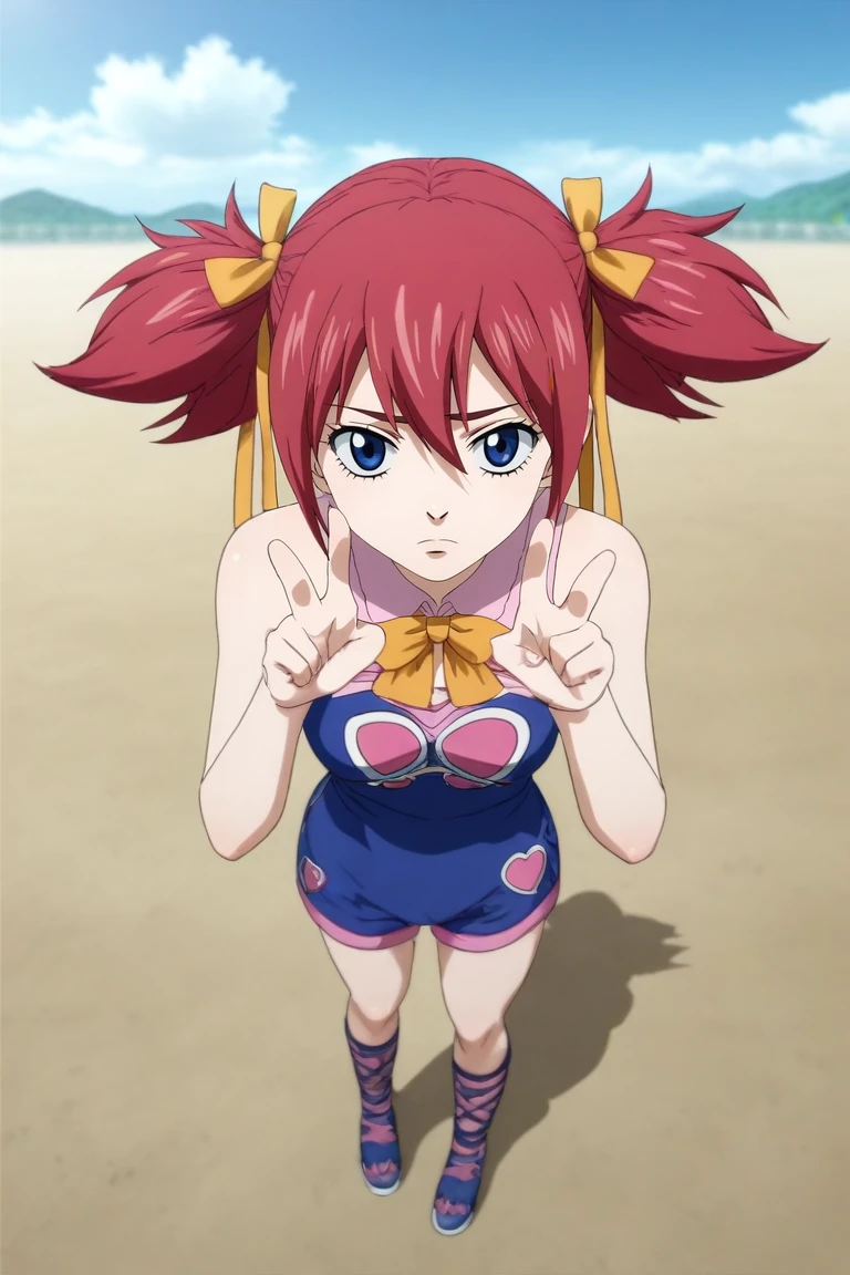 score_9, score_8_up, score_7_up, source_anime, rating_safe, intricate details, (3d:0.4), looking at viewer, depth of field, 1girl, solo, <lora:chelia_blendy_pony:0.84>, chelia_blendy, red hair, blue eyes, ribbon, hair ribbon, twintails, short twintails, from above, full body, dock, day, clouds, jojo pose, sad, , <lora:sdxl_lightning_8step_lora:1>