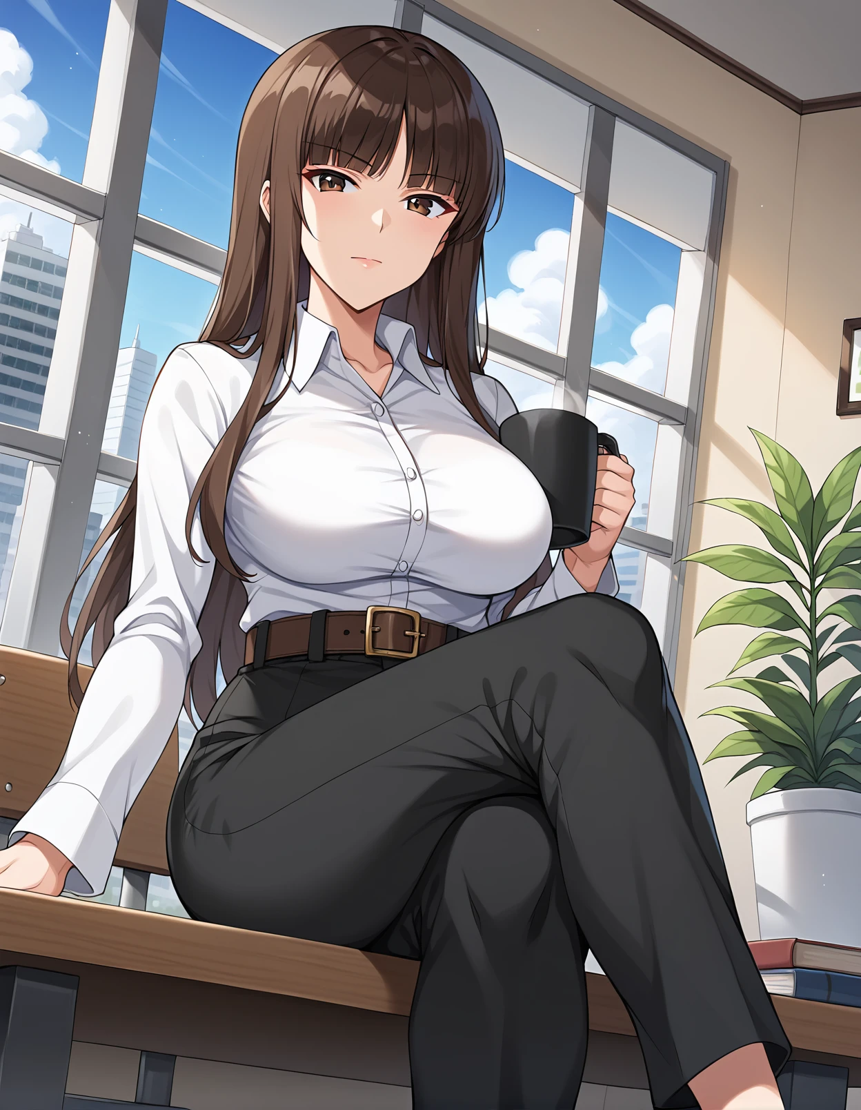 score_9, score_8_up, score_7_up, source_anime, rating_safe, BREAK <lora:shihoNishizumiXL_LoRA-C3Lier_AdamW_Dim8_Alpha8_UN-3e-4_TE-1.5e-4_10batch_ponyDiffusionV6XL_v6StartWithThisOne:1>, nishizumi shiho, 1girl, mature female, blunt bangs, long hair, brown hair, straight hair, brown eyes, white shirt, long sleeves, wing collar, pant suit, belt, black pants, formal, dutch angle, sitting, closed mouth, elbows on table, crossed legs, table, chair, coffee, book, looking at viewer, cafe, potted plant, window, cityscape, blue sky