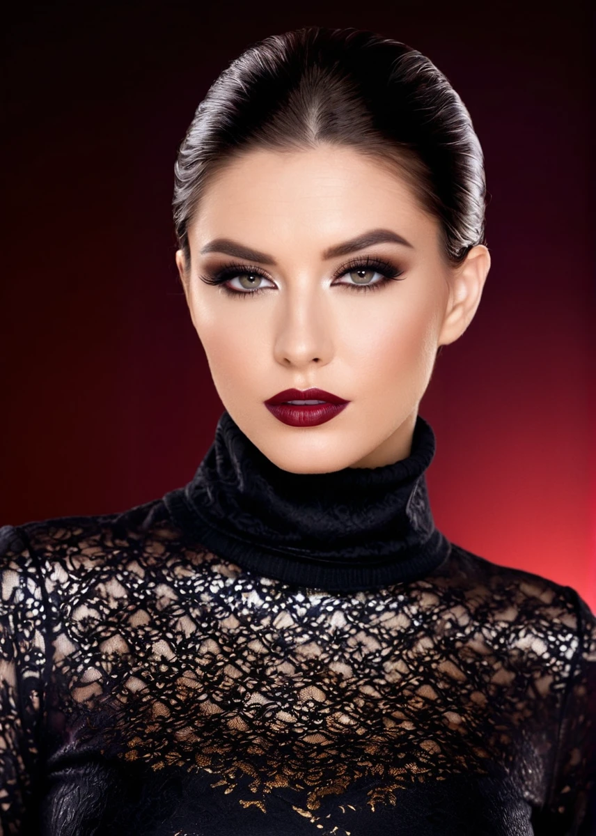 half body of A captivating masterpiece of an woman, (((dressed in a turtleneck Blouse))), The intricate lace and gold details exude a very rebellious aura. ((A bold and daring makeup look featuring ombre lips that transition from a deep, dark red at the center to a glossy black at the outer edges. The lips are expertly lined and filled in with precision, creating a gradient effect that is both edgy and sophisticated)). ((The use of high-shine gloss adds a touch of glamour and dimension to the look)), ((while the deep red and black hues give it a dramatic, vampy vibe)), The background is a dark old manor room with fireplace only giving light to room, architecture creating a exigent atmosphere., low-key photography:1.3, one rim side light, narrow lighting,, only one light source, facing camera, shallow depth of field, <lora:MS_SaraStone_V1_SDXL:0.8>