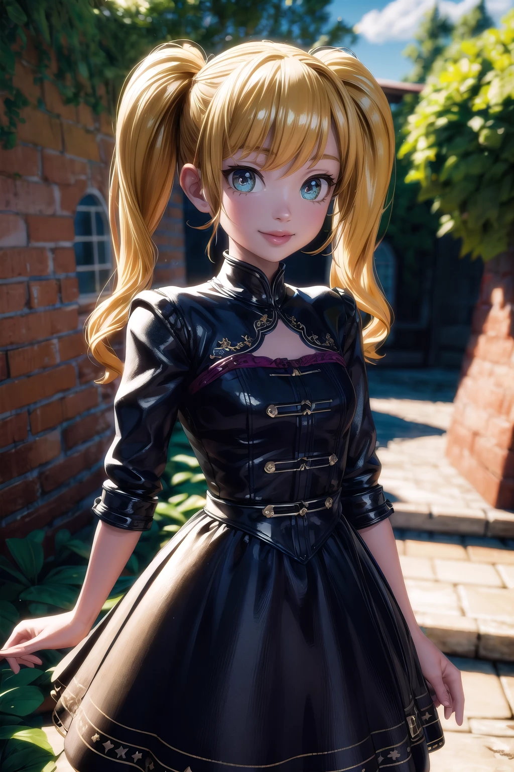 (masterpiece, best quality:1.3), 8k resolution, (3d:1.3), p0lly, original, ultra-detailed portrait, cowboy shot, minigirl, photoreal, blonde hair, twintails, playful, garden, outdoors, sunlight, looking at viewer, smile, rubber, (dynamic), stylish, (shiny:1.1) fashion, dress, (deep depth of field), cute, miniature, depth, glitter, extremely detailed, (intricate details), perfect face, finely detailed face, detailed eyes, volumetric, perfect composition,volumetric lighting, soft lighting,traditional media,cara,sweetscape,coralinefilm<lora:EMS-363895-EMS:0.900000>, <lora:EMS-179-EMS:0.300000>, <lora:EMS-32692-EMS:0.400000>, <lora:EMS-30949-EMS:0.200000>