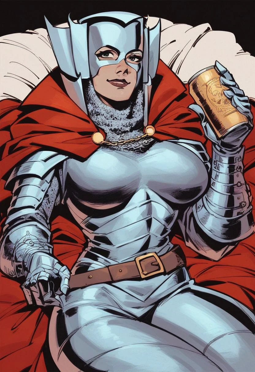 Score_9_up, score_8_up, score_7_up, 1girl,  solo, iron_maiden, , red cape, armor, large breasts, lying on her back, on a bed,, dazzling smile,  holding a can-opener