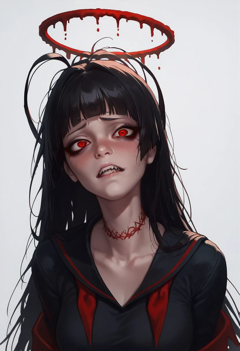 score_9, score_8_up,score_7_up, score_6_up, score_5_up, 
tsurugi, blue archive, neck tatto,halo, red eyes, hair eye shadow, wing, thorny wing,featherless wing, bloody halo,sharp teeth, evil facial expression,black dress, bloody black dress, loose shirt, black serafuku, antena hair, red neckerchief, blunt bangs, black nails, shy, sexy,