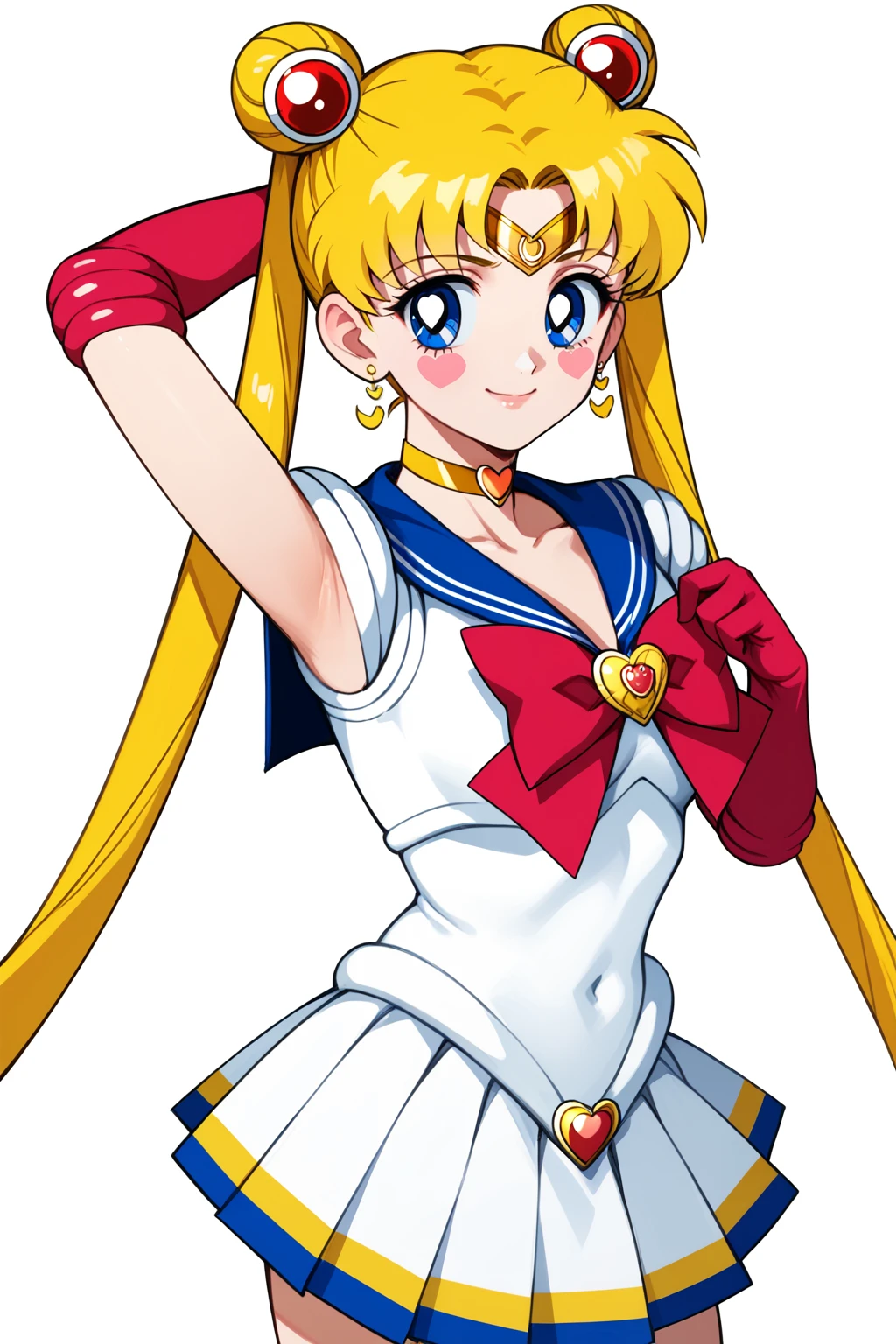 Alternative Sailor Moon, 1girl, arm behind head, bangs, blonde hair, blue eyes, blue sailor collar, blush stickers, bow, brooch, choker, circlet, closed mouth, crescent, double bun, earrings, elbow gloves, gloves, hair bun, hair ornament, heart, heart brooch, heart choker, jewelry, long hair, looking at viewer, magical girl, multicolored clothes, multicolored skirt, parted bangs, pleated skirt, red bow, sailor collar, sailor senshi uniform, simple background, skirt, smile, solo, twintails, white background, yellow choker, PonyXLV6_Scores, <lora:AltMoonPonyXL:1>