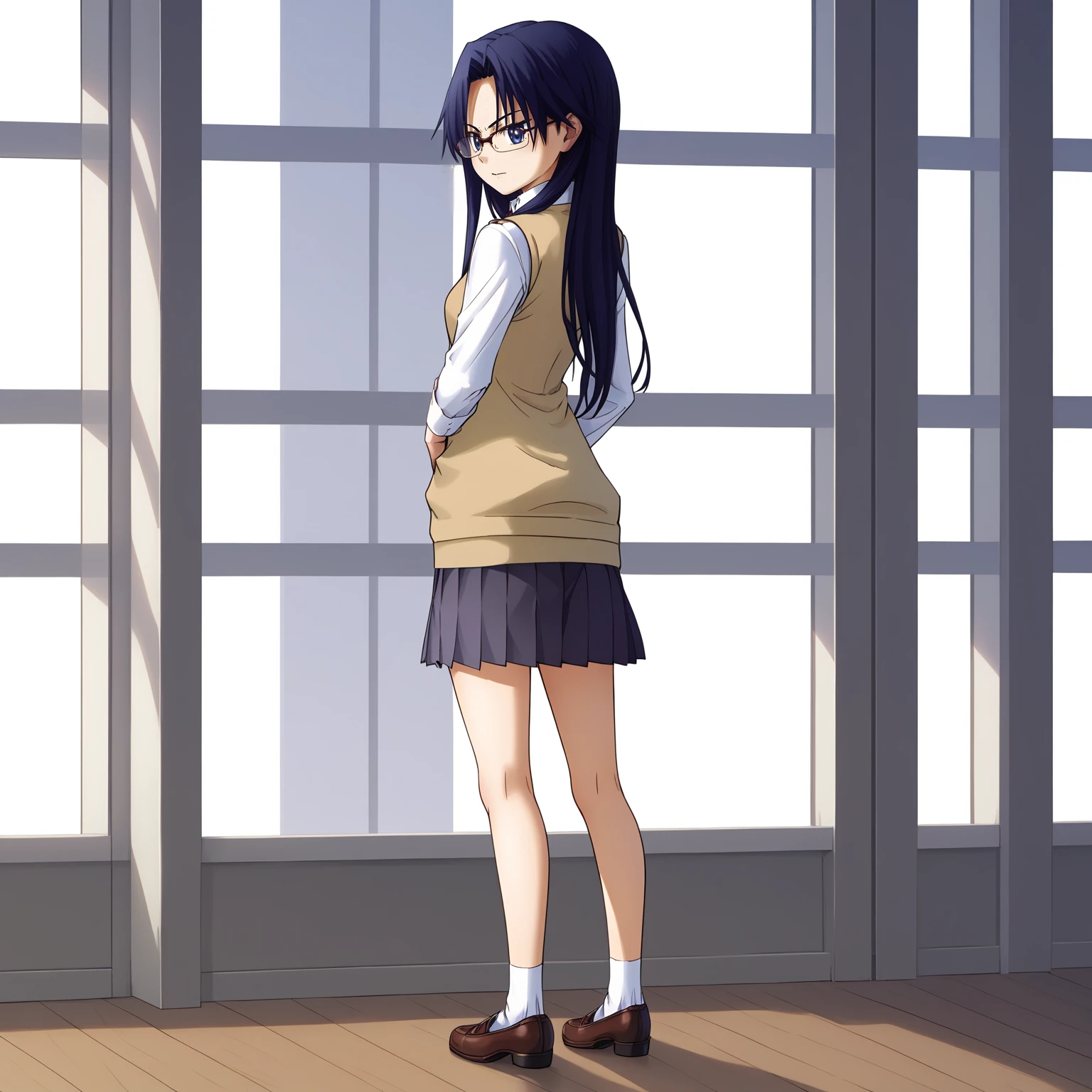 <lora:DEKOBOKOXLpony003>,
Yuki,1girl,dark blue hair,long hair,dark blue eyes,eyewear,
collared_shirt,sweater_vest,ribbon tie,
pleated_skirt,
full body,standing,looking back,