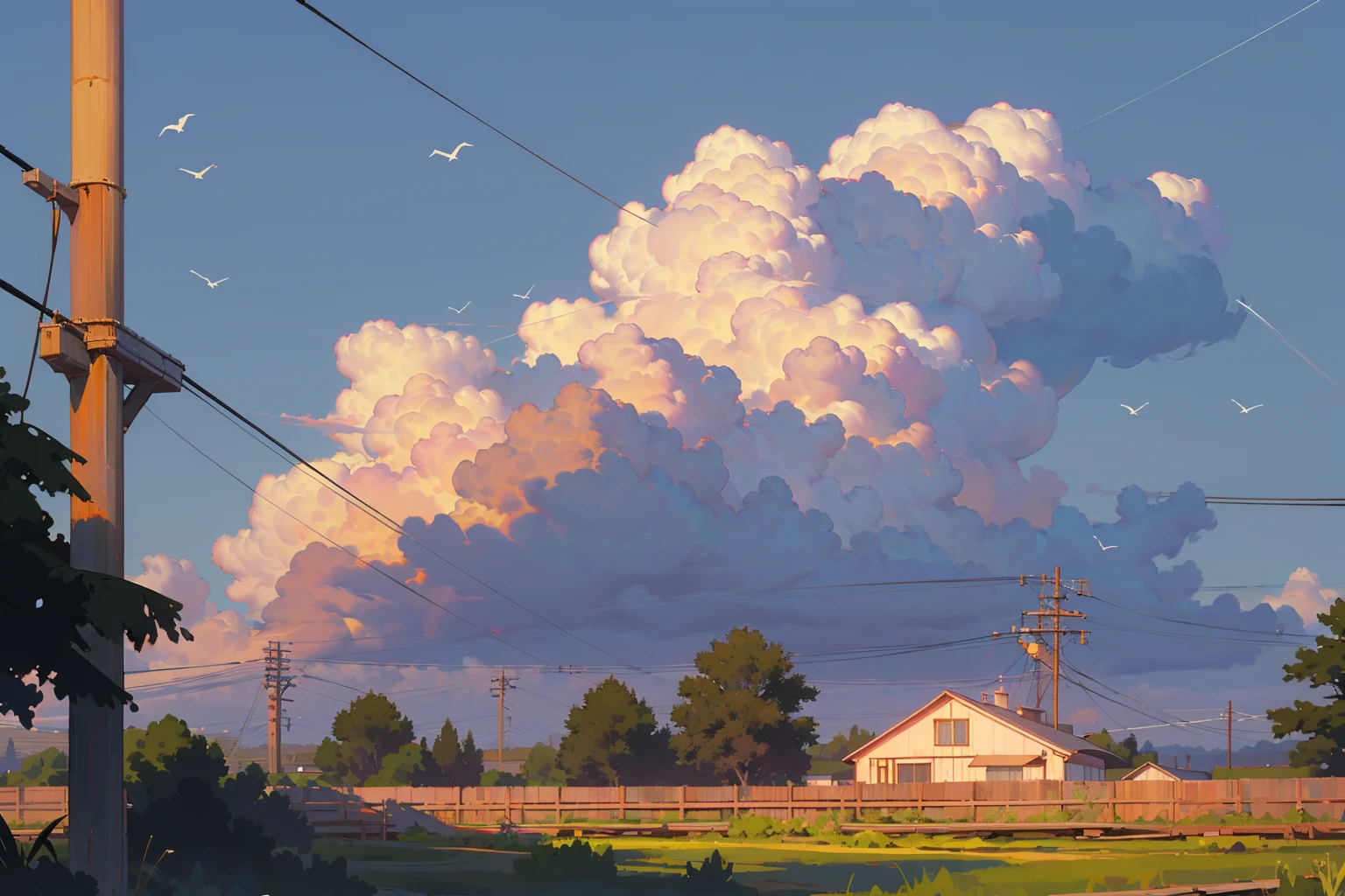 sky, cloud, scenery, outdoors, day, blue sky, no humans, tree, bird, building, power lines, house, contrail(illustration:1.0), masterpiece, best quality, <lora:cloudyday:0.6>