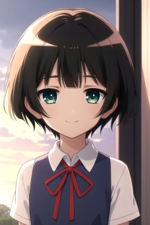 ((masterpiece)),(best quality),official art,extremely delicate and beautiful,extremely detailed CG,unity 8k wallpaper,ultra detailed,beautiful detailed eyes,extremely detailed face,outdoors,1girl,solo,upper body,(portrait:1.5),looking at viewer,facing viewer,smile,(petite:1.2),Ichimatsu Kohina,short hair,black hair,bob cut,blunt bangs,green eyes,school uniform,red ribbon,sleeveless dress,black dress,white shirt,collared shirt,small breasts,white socks,uwabaki,<lora:Ichimatsu Kohina(gk)>,