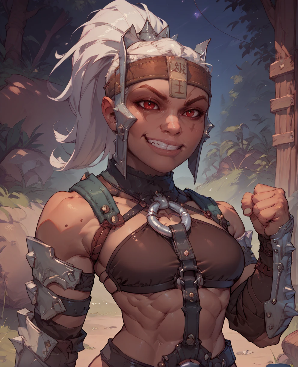 ferra,white hair, ponytail, red eyes, looking at viewer,  smile, 
Armor,spikes, guantlets, armored boots, metal headband, o-ring bikini,  tattoos,
 upper body, standing,  navel,  
 quarry,  night,  mortal kombat,  
(best quality, masterpiece, beautiful and aesthetic:1.2, highest detailed face, perfect face,)
 <lora:ferra-10v7:0.8>