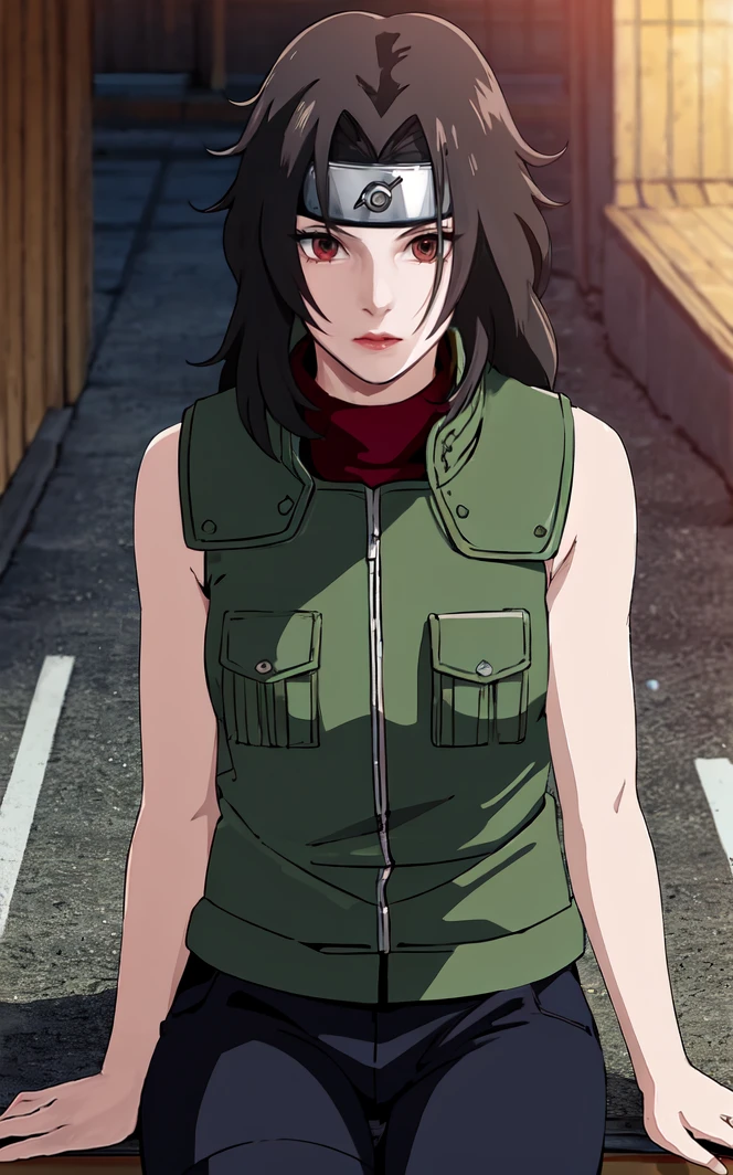 outdoors, lens flare, depth of field, bokeh, vanishing point, solo, looking at viewer,((masterpiece, best quality)), BREAK 
GreenJacket_KurenaiYuhi_ownwaifu,
1girl, black hair, forehead protector, long hair, konohagakure symbol, red eyes, headband, makeup, lipstick, 
ninja, sleeveless, vest, green vest, pants, sleeveless jacket, thigh pouch,
(from above, sitting:0.8)<lora:NARUTO_Kunoichi_KurenaiYuhi_ownwaifu:0.9>,
 insaneres, absurdres,