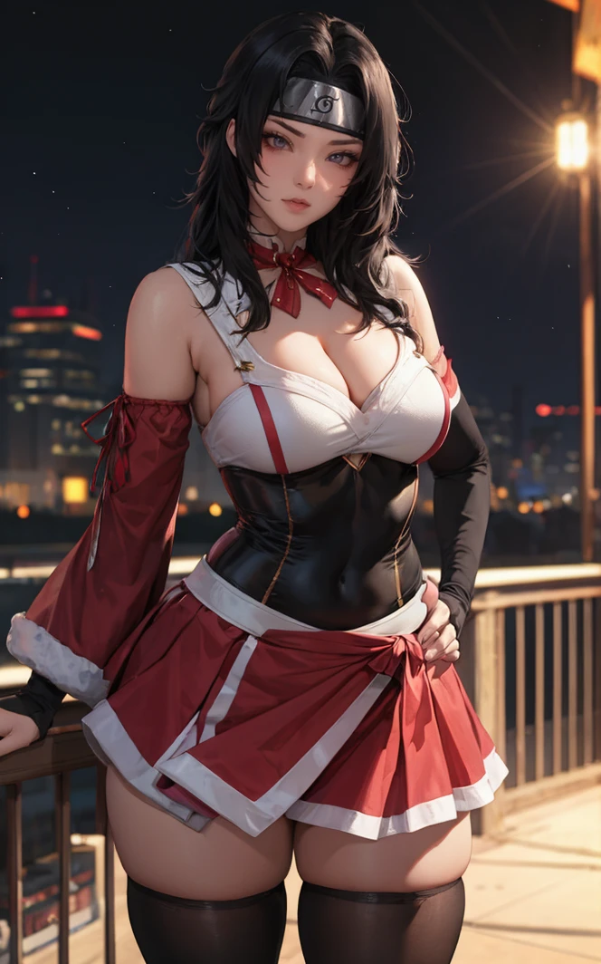 outdoors, lens flare, depth of field, bokeh, vanishing point, solo, looking at viewer,((masterpiece, best quality)), BREAK 
GiftDress_KurenaiYuhi_ownwaifu, 
1girl, black hair, long hair, medium breasts, red eyes, headband, 
bell, cleavage, detached sleeves, forehead protector, black thighhighs, santa costume, arm warmers, skirt,
(contrapposto, looking back:0.8)<lora:NARUTO_Kunoichi_KurenaiYuhi_ownwaifu:0.75>, 
 insaneres, absurdres,