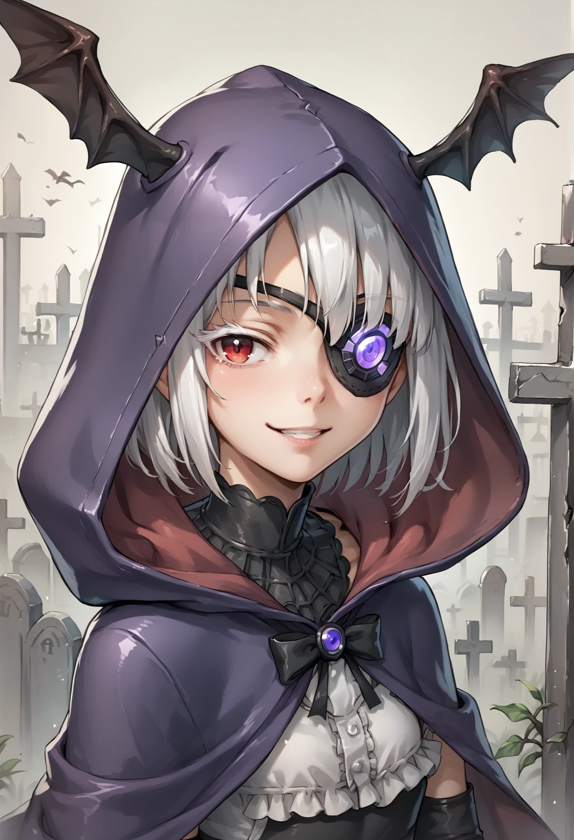 1girl, short hair, white hair, red eyes, eyepatch, colored eyelashes, white eyelashes, hood, cape, head wings, frills, frilled dress, elbow gloves, black gloves, white pantyhose, black pantyhose, black footwear, (hood up), standing, chuunibyou, ((hand over eye)), outdoors, graveyard, smile, from side, ((upper body)) <lora:Milana_Eiyuden_Chronicle_XL:0.6>, score_9, score_8_up, score_7_up, score_6_up, score_5_up, score_4_up, BREAK source_anime, masterpiece