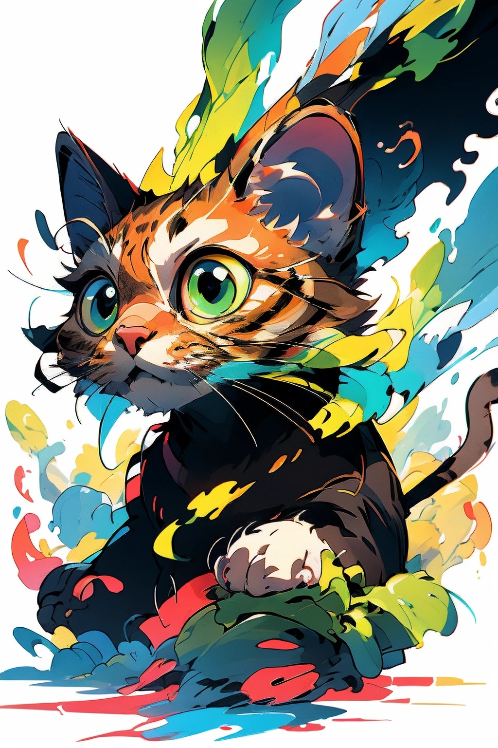 ,(Masterpiece:1.2, high quality,ultra-fine painting,Vivid Colors),(white background:1.2),TshirtDesignAF, T shirt design,
cat, solo,green eyes,yellow animal hair(Brown stripes),vibrant,cure lovely,
<lora:Chinese Li Hua:0.8> ,  <lora:cat_20230627113759:0.7>, <lora:TShirtDesignRedmond1-5V-LiberteRedmond-TShirtDesignAF:1>