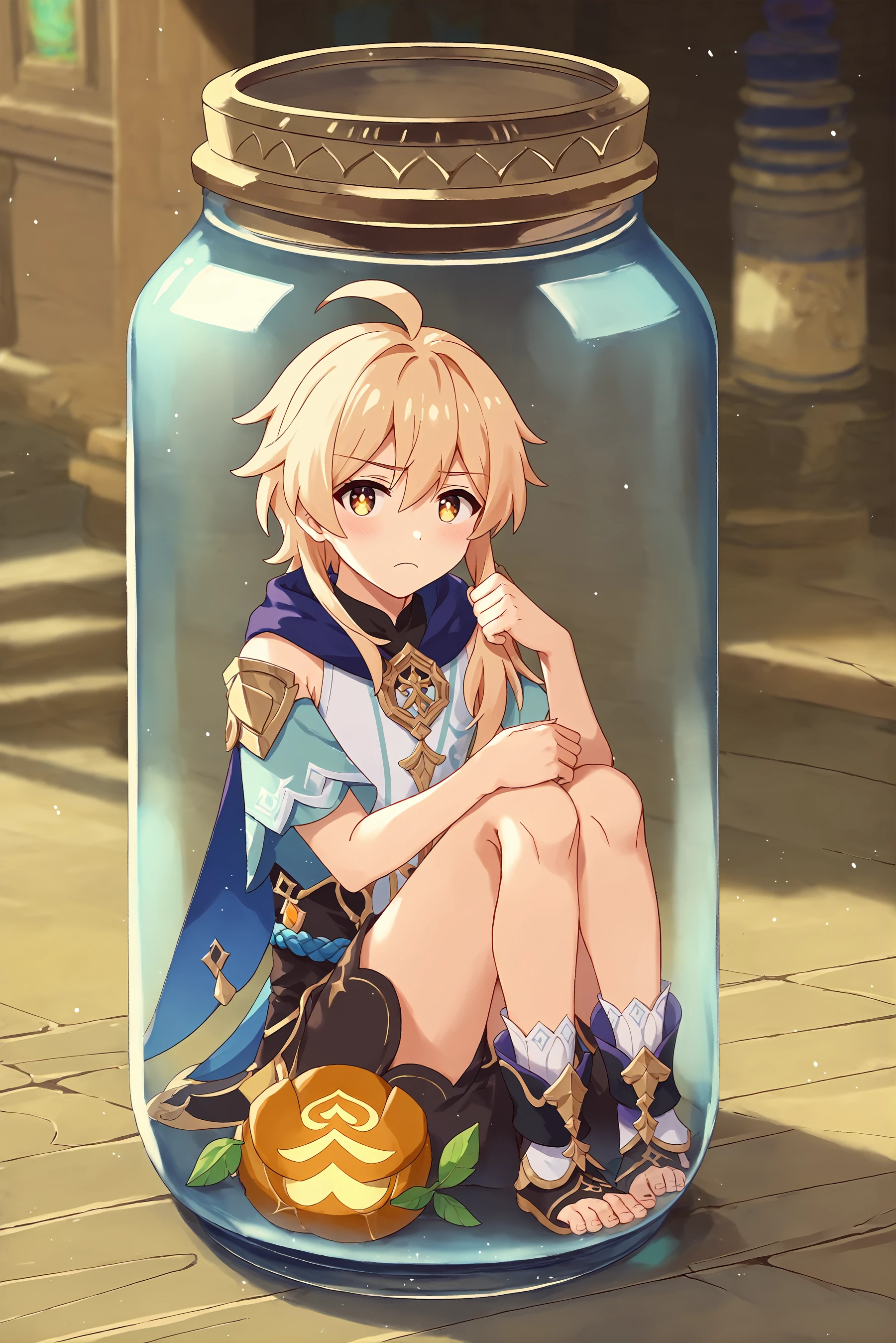 score_9,
<lora:in_jar_v1_pruned:1>, in jar, lid,
1boy, aether \(genshin impact\),
looking at viewer, light frown,
full body, sitting,
miyase mahiro,
high resolution, Masterpiece, detailed