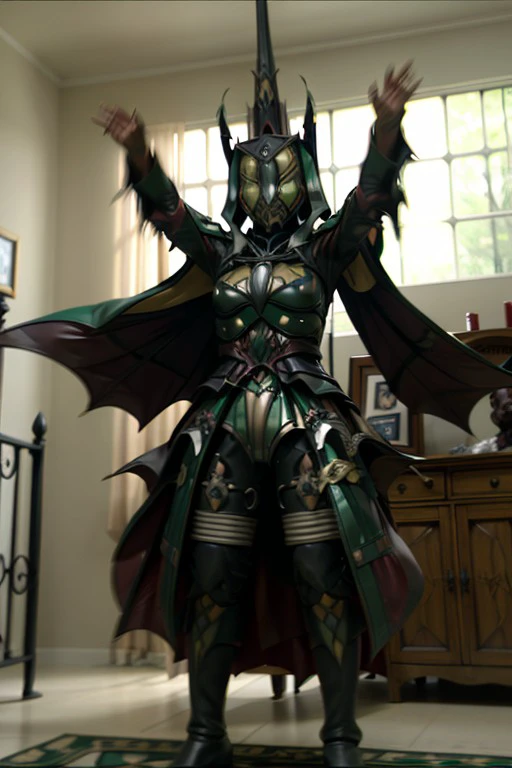 fangire, sword, holding weapon, cape, green eyes, weapon, outstretched arms, blurry background, straight-on, 1girl, boots, <lora:2065e0b9-8479-49dd-89f5-457d71835412:1.0>