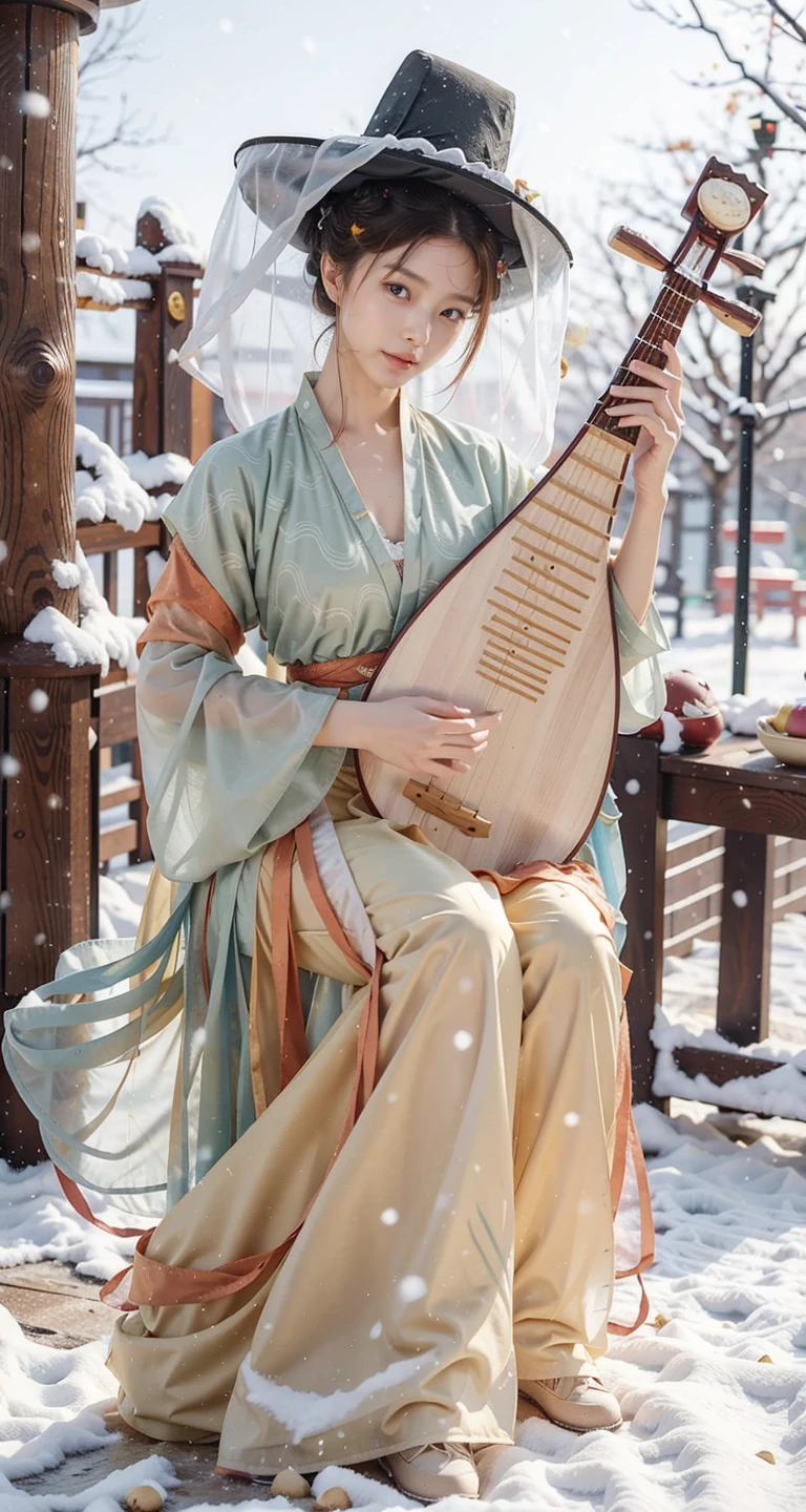 1girl, (veil_hat, hanfu),(playing pipa, holding pipa, pipa), stand, full body, Gold hair, outdoor, snowing, snow, masterpiece, best quality, 8k