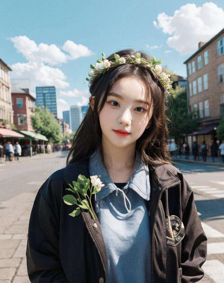 irene, 1girl, solo, upper body, (looking at viewer:1.4), (schoolgirl jacket), (flower crown), (beautiful city, beautiful sky background), natural skin color, (closed mouth:1.2), (medium breast), floating hair, beautiful expression, face detailed, eyes detailed, iris detailed, masterpiece, best quality, photorealistic, hyper realistic, ultra detailed, perfect lighting, depth of field, shadows, highres, <lora:sayhello0o-v1-rvirene:1>