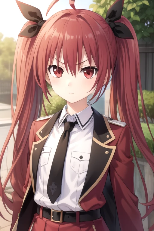 ((masterpiece)),(best quality),official art,extremely delicate and beautiful,extremely detailed CG,unity 8k wallpaper,ultra detailed,beautiful detailed eyes,extremely detailed face,outdoors,1girl,solo,upper body,(portrait:1.5),looking at viewer,facing viewer,serious,ahoge,long hair,twintails,black bow,red hair,hair between eyes,bangs,red eyes,red jacket,jacket on shoulders,collared shirt,dress shirt,white shirt,breast pocket,black necktie,long sleeves,small breasts,belt,red skirt,frilled skirt,frilled boots,thigh boots,black footwear,<lora:Itsuka Kotori(dal)>,<lora:TSNeptunia-000045:0.5>,