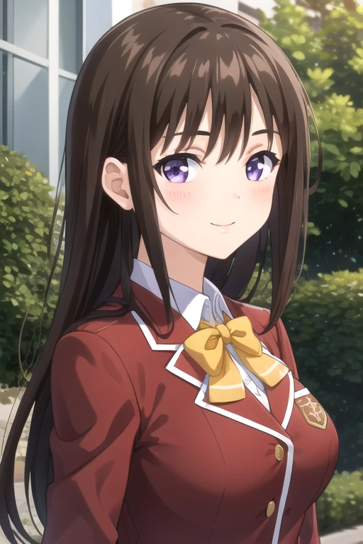 ((masterpiece)),(best quality),official art,extremely delicate and beautiful,extremely detailed CG,unity 8k wallpaper,ultra detailed,beautiful detailed eyes,extremely detailed face,outdoors,1girl,solo,upper body,(portrait:1.5),looking at viewer,facing viewer,smile,blush,long hair,brown hair,bangs,purple eyes,school uniform,red jacket,blazer,yellow bowtie,collared shirt,white shirt,long sleeves,large ,miniskirt,pleated skirt,white skirt,white socks,loafers,<lora:Marina(remake):0.8>,