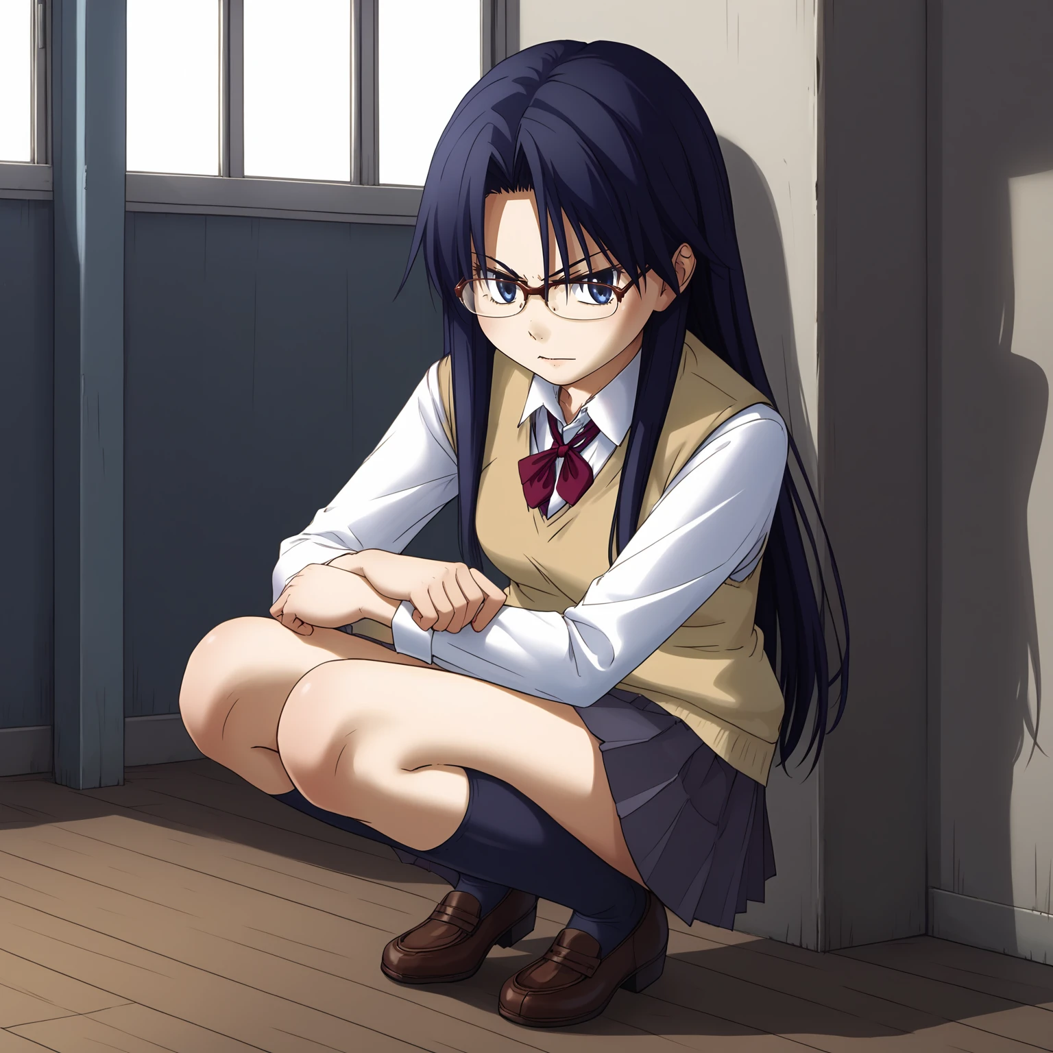 <lora:DEKOBOKOXLpony003>,
Yuki,1girl,dark blue hair,long hair,dark blue eyes,eyewear,
collared_shirt,sweater_vest,ribbon tie,
pleated_skirt,
full body,squatting,