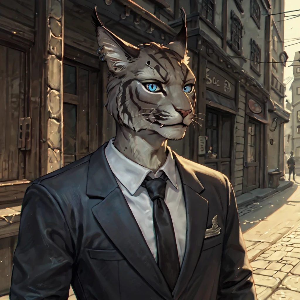 score_9, score_8_up, score_7_up, score_6_up, score_5_up, 4k, anime, furry, detailed, street, skyrim, soft lighting, BREAK
anthro male caracal khajiit kharjo, black spot on head, grey fur, business suit, black tie, hand on tie, tufted ears, blue eyes, tail, portrait<lora:EMS-364230-EMS:0.400000>