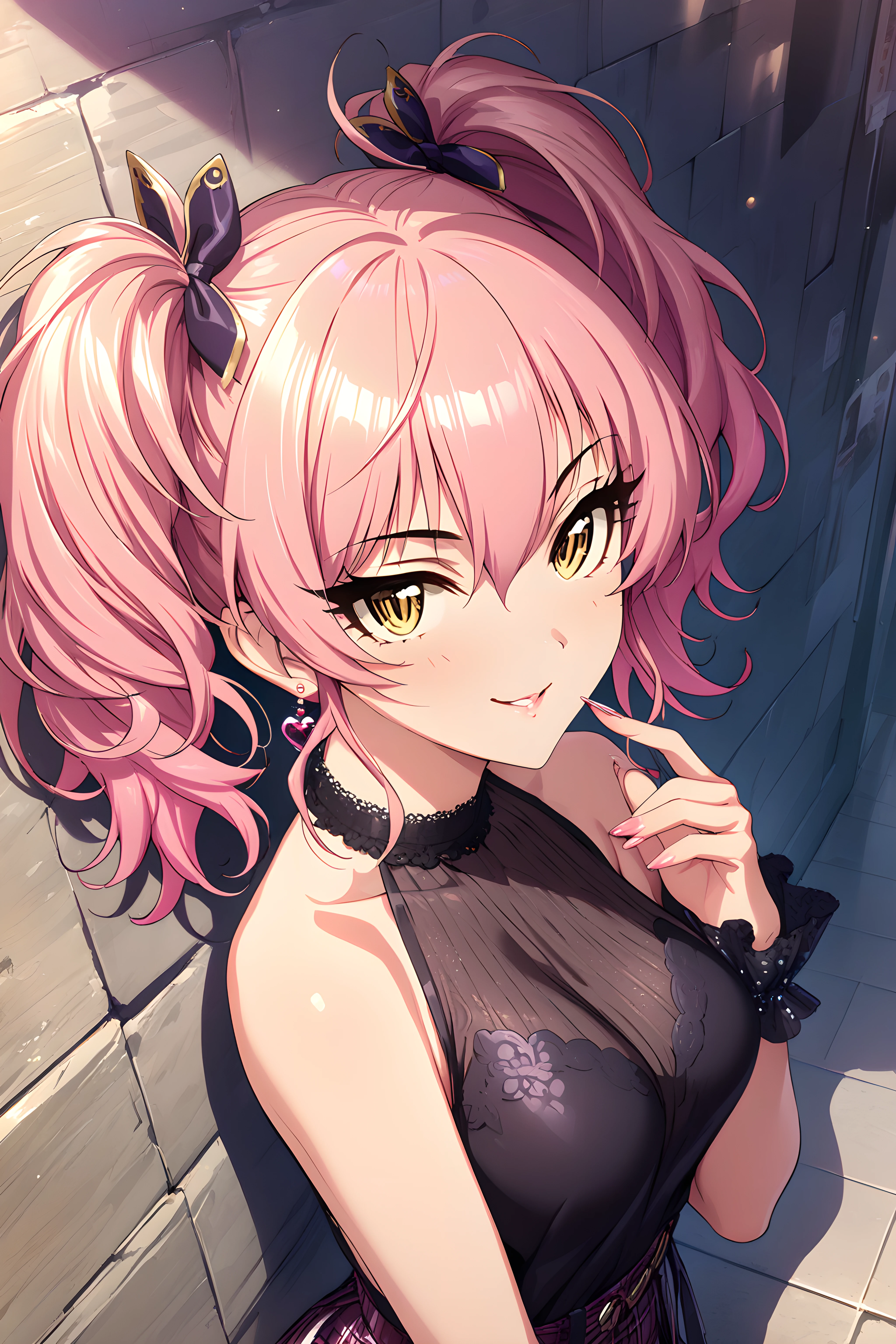 (masterpiece),(best quality),(ultra-detailed),(best illustration),(best shadow),(absurdres),(detailed background),(very aesthetic)(masterpiece),(best quality),(ultra-detailed),(best illustration),(best shadow),(absurdres),(detailed background),(very aesthetic), mika jougasaki, 1girl, pink hair, solo, yellow eyes, looking at viewer, seductive smile, medium breasts, twintails, casualoutfit, upper body, <lora:add-detail-xl:0.3> <lora:Mika_Jougasaki:1>