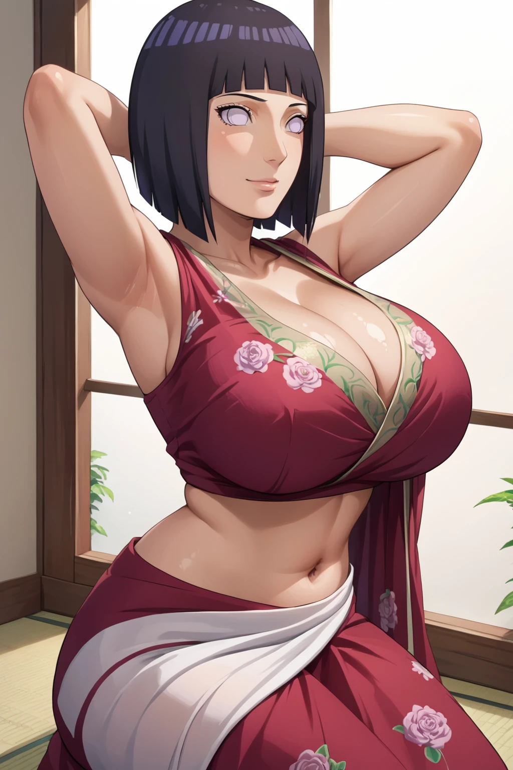 by mogudan, Hinata Hyuga, naruto_(series), navel, purple_eyes, cute face, light smile, bob-cut, short hair,
black hair, bottom-heavy, shiny skin, shiny boobs, oily skin, clear skin, arms behind head, bedroom sitting, hands on own chest, grabbing own chest, breast grab, midriff, cleavage, saree, indian saree, (white saree), semi-transparent, floral pattern, intricate dress, indian dress, navel, sleeveless, huge breasts, milf, , uncensored, rating_explicit, source_anime, score_9, score_8_up, (saree color),hinata, profile shot, from side, side, milf, mature female<lora:EMS-362565-EMS:0.800000>, <lora:EMS-344948-EMS:0.800000>