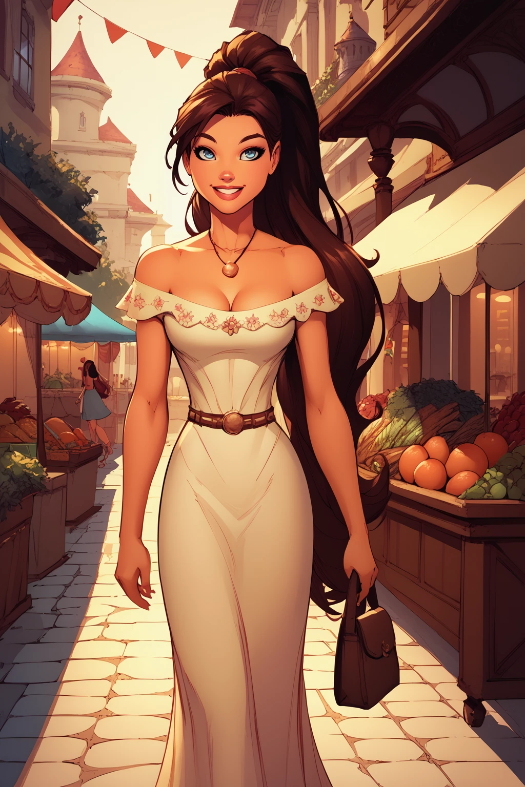 score_9, score_8_up, score_7_up, masterpiece, high quality source_comic
 <lora:Maria PosadaPonyLora:0.8> 1girl, very long hair, ponytail, necklace, dress, cleavage, bare shoulders, off shoulder, walking at a market with clothes and fruits stands, sunny, smile,bag over shoulder
 <lora:Michael TurnerStylePonyLyco:1.1> mtms