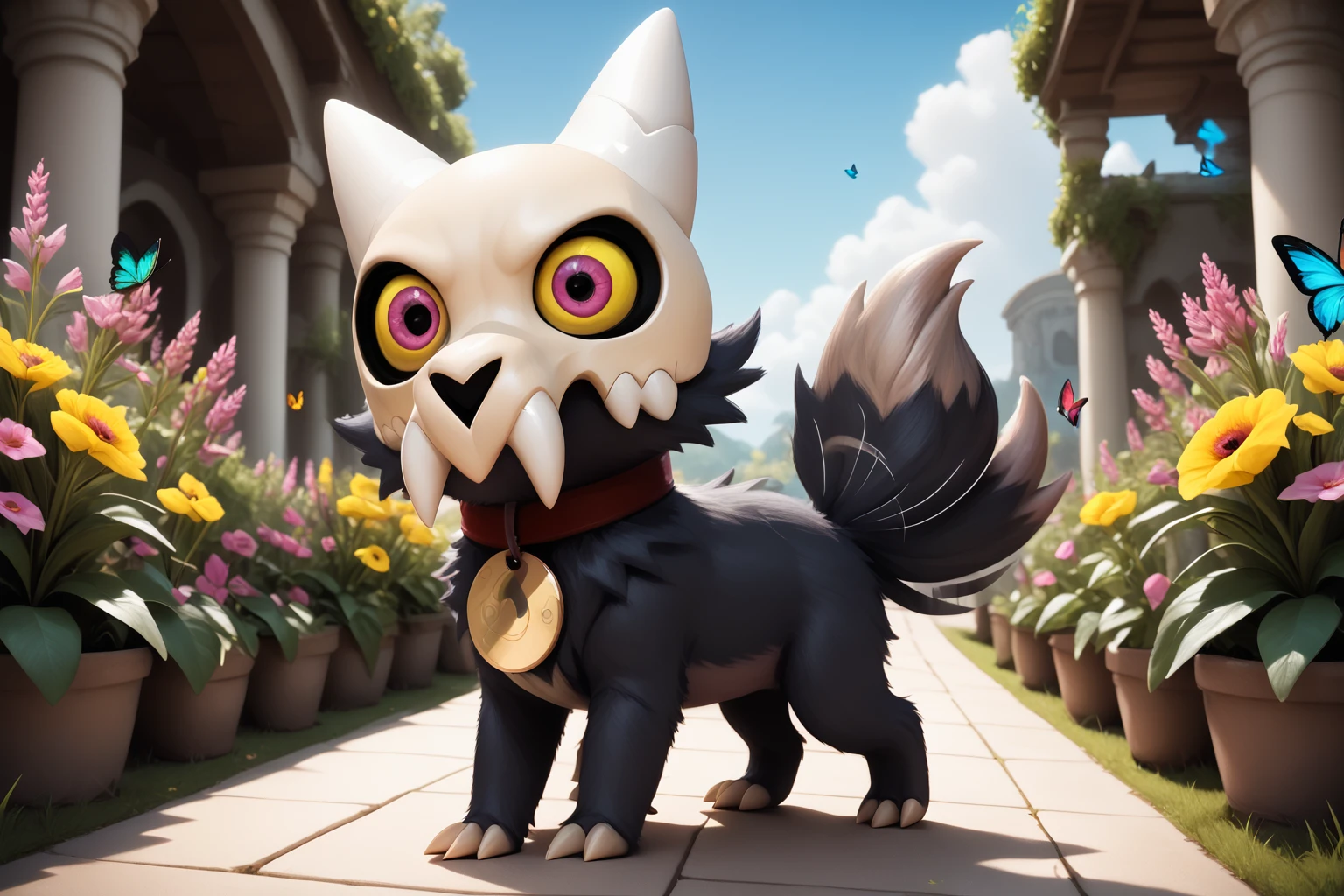 score_9, score_8_up, score_7_up, masterpiece, high quality, realistic, 3d
<lora:King ClawthornePonyLora:1.2> 1boy, skull helmet, teeth, pokemon (creature), colored sclera, red collar with circle pet tag, claws, tail, walking on all fours, tail wag, tongue out, in a garden, flowers, butterflies, sky